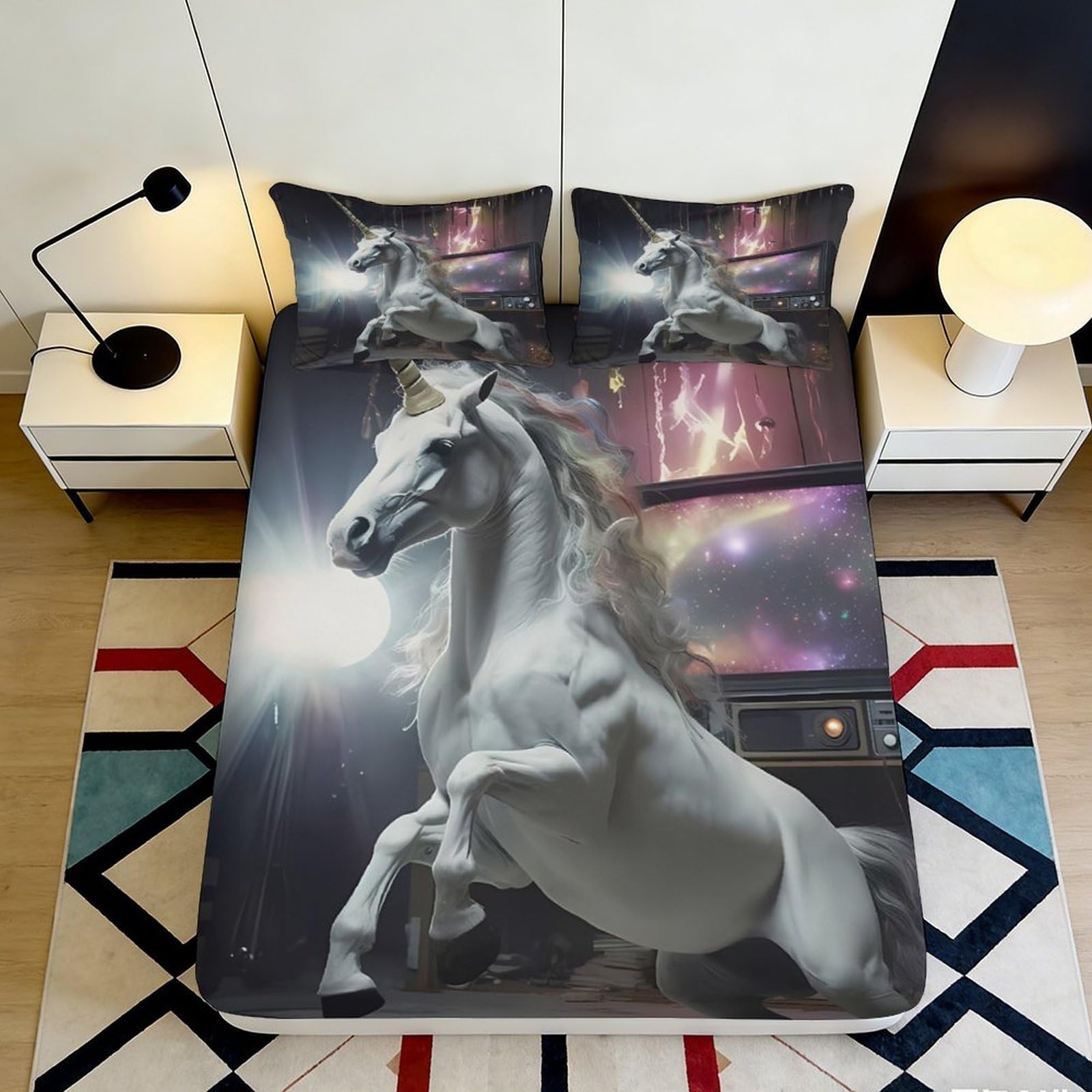 Pnayamiorkfel Style-9 3D Printed Fantasy Unicorn Fitted Sheet Microfiber Anti-Slip White Dreamy Sunset Bed Cover For Bedroom Dorm Decor 90X200x25cm