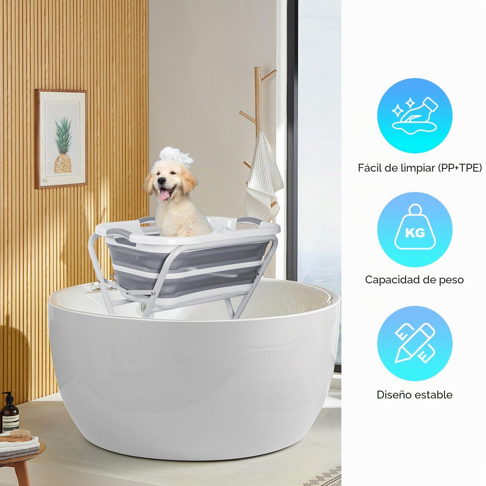 Bañera plegable para perros: estación de lavado portátil 2 en 1, estación de lavado para aseo con desagüe y estante, ducha para perros de tamaño pequeño a mediano, gatos y mascotas, para interior y