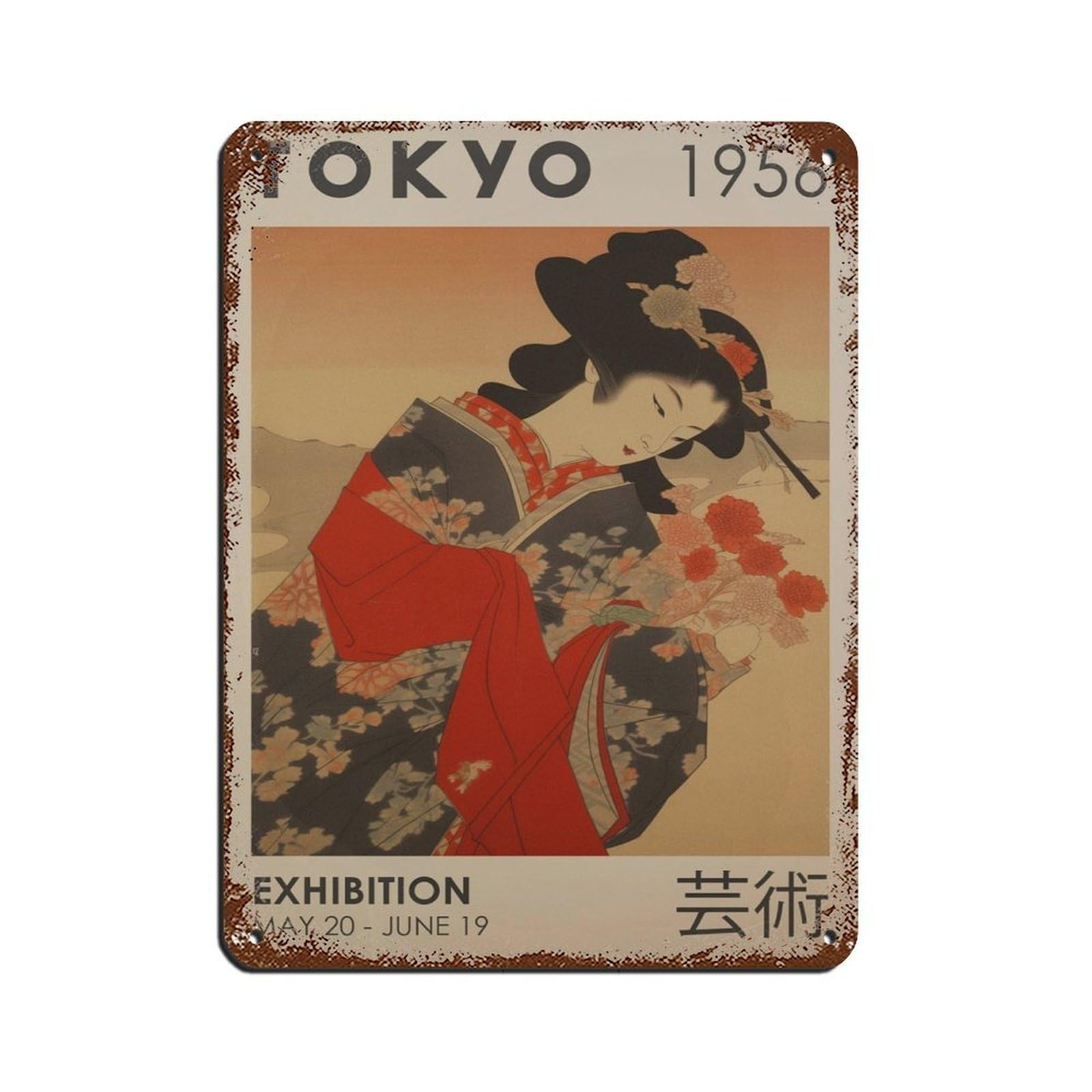 Japanese Geisha,Japanese Exhibition Poster Retro Poster Metal Tin Sign Chic Art Retro Iron Painting Bar People Cave Cafe Family Garage Poster Wall Decoration 12x16inch(30x40cm)