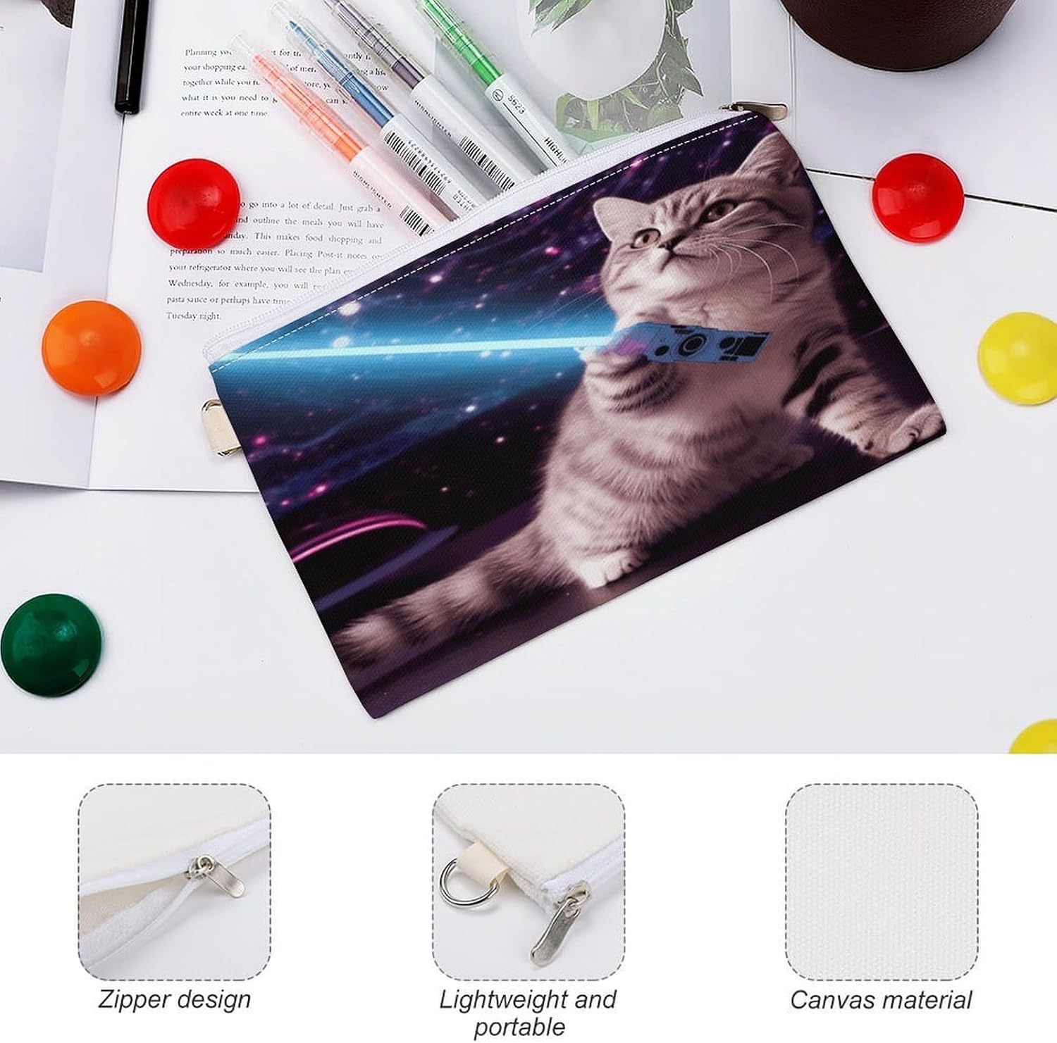 Space Laser Cat Novelty Cute Funny Coin Purse Mini Pouch Change Wallet with Keychain Portable Coin Pouch Canvas Change Purse
