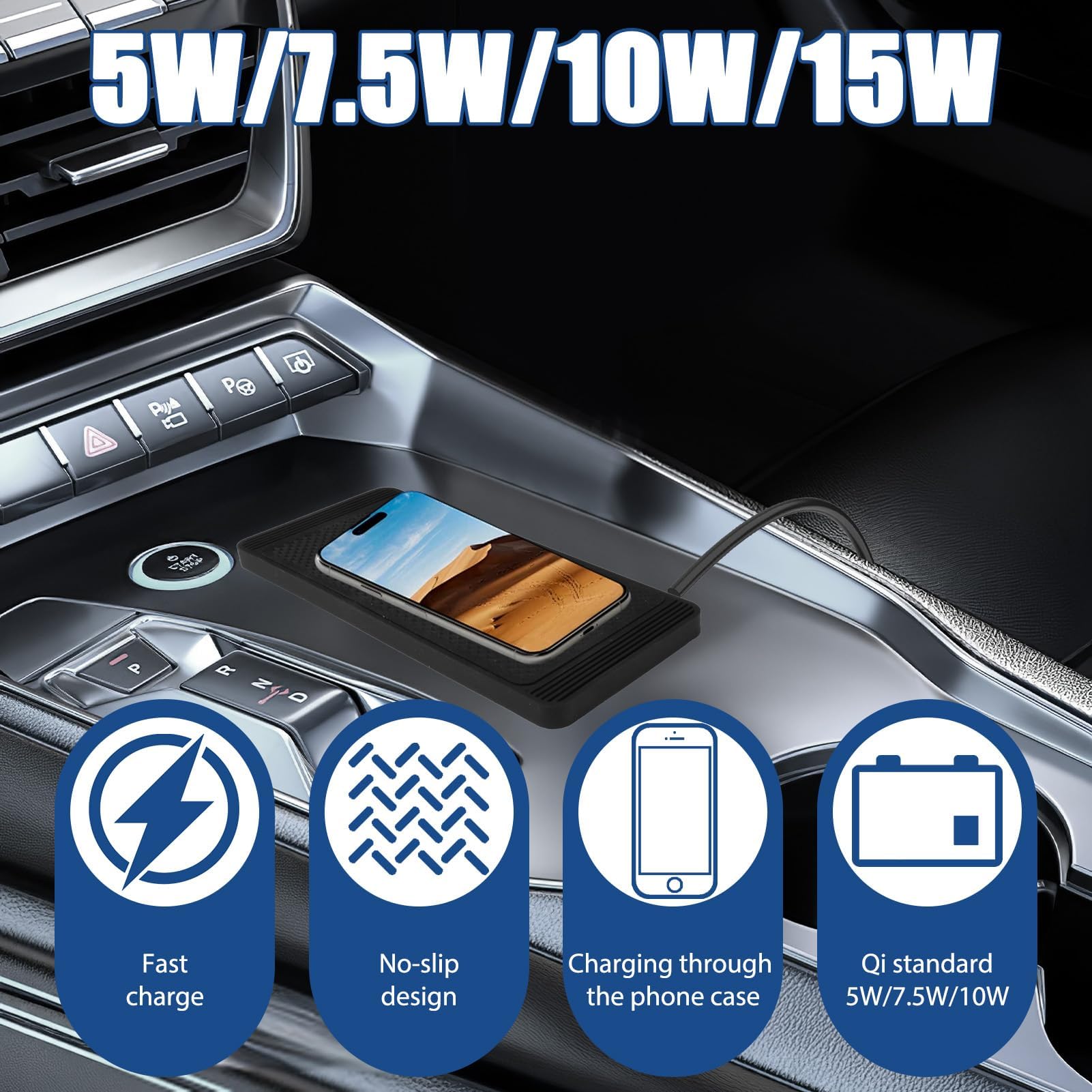 15W Tappetino di Ricarica Wireless Auto QI Caricatore Wireless Auto con Base Antiscivolo Ricarica Wireless Auto per i-Phone Samsung e Dispositivi Qi, per Auto Ufficio Casa