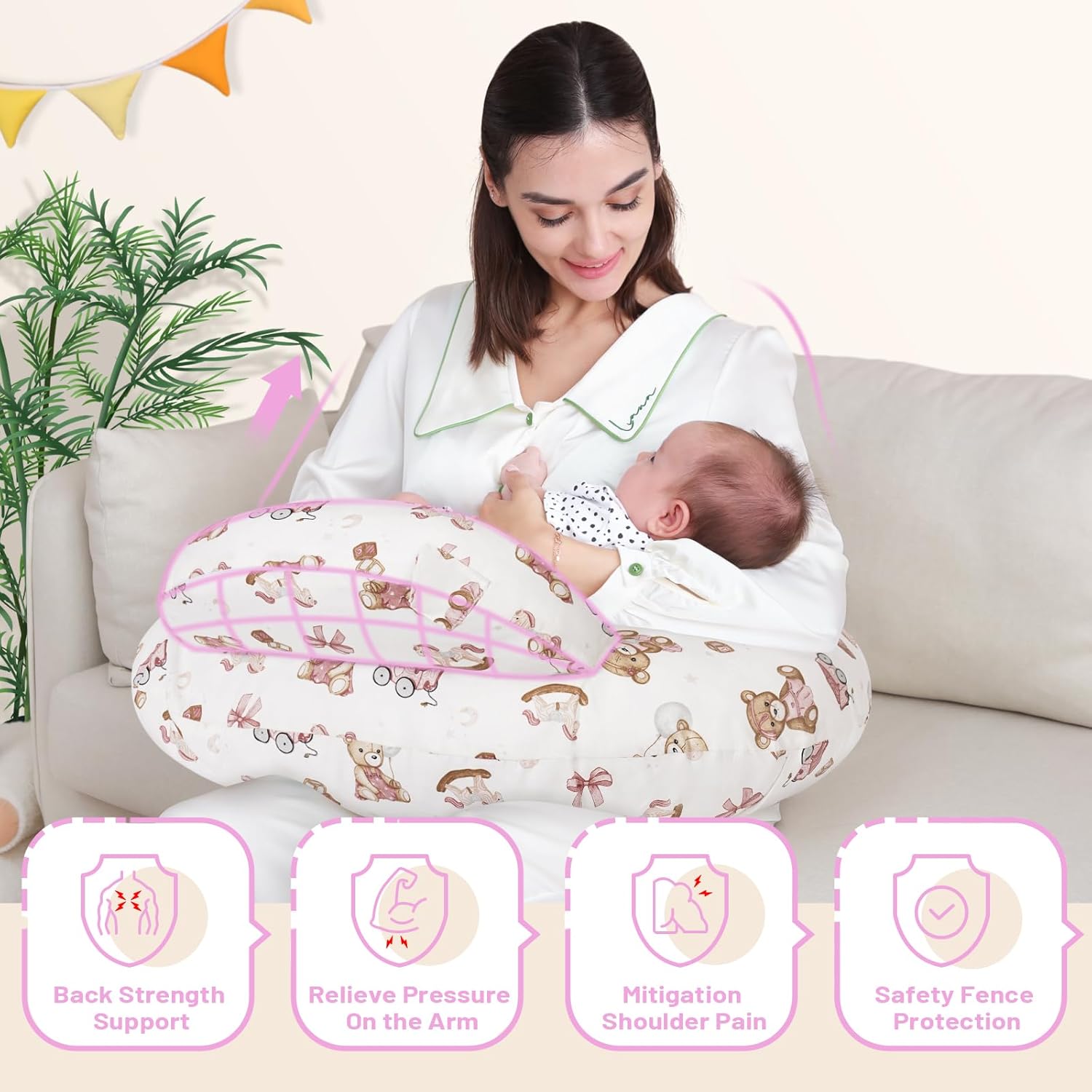 Nursing Pillow, Breastfeeding Pillows, with Removable Pillow Cover, Machine Washable, Machine Washable, Pink Bears, Pallet of Product thumbnail