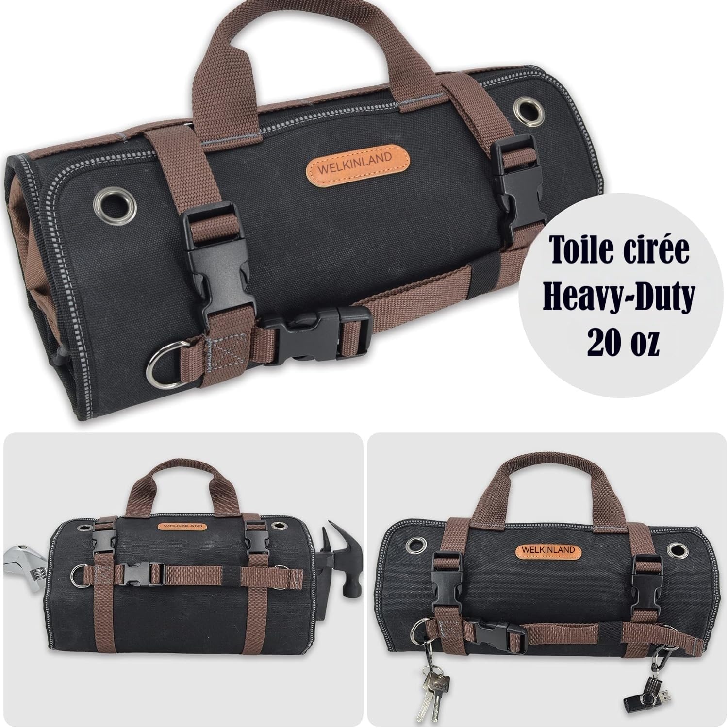 WELKINLAND Rouleau à Outils en Toile Cirée Robuste - 15 Poches, Capacité 15 L, Sac à Outils Enroulable, Organisateur