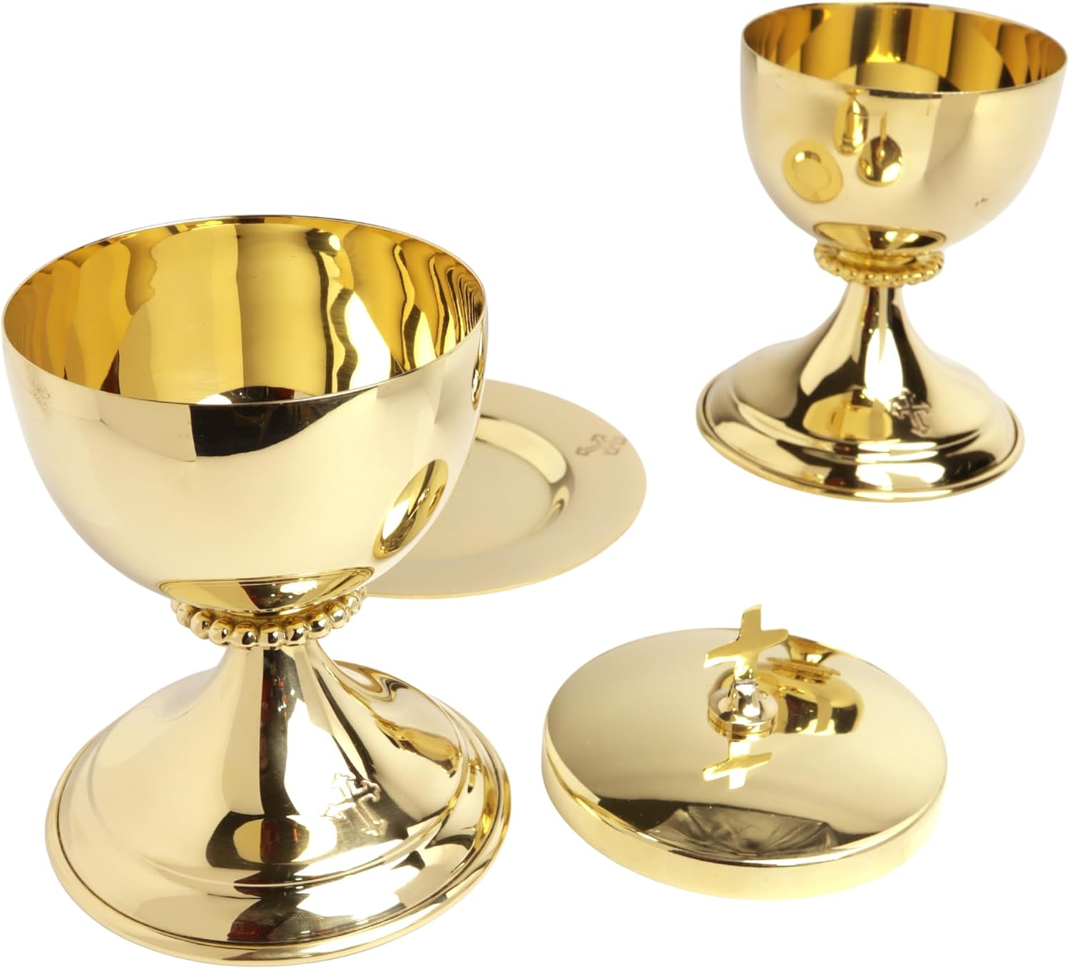 Needzo High Polished Brass Chalice,Paten and Ciborium Set, Catholic Church Communion Supplies, 5.75 Inches