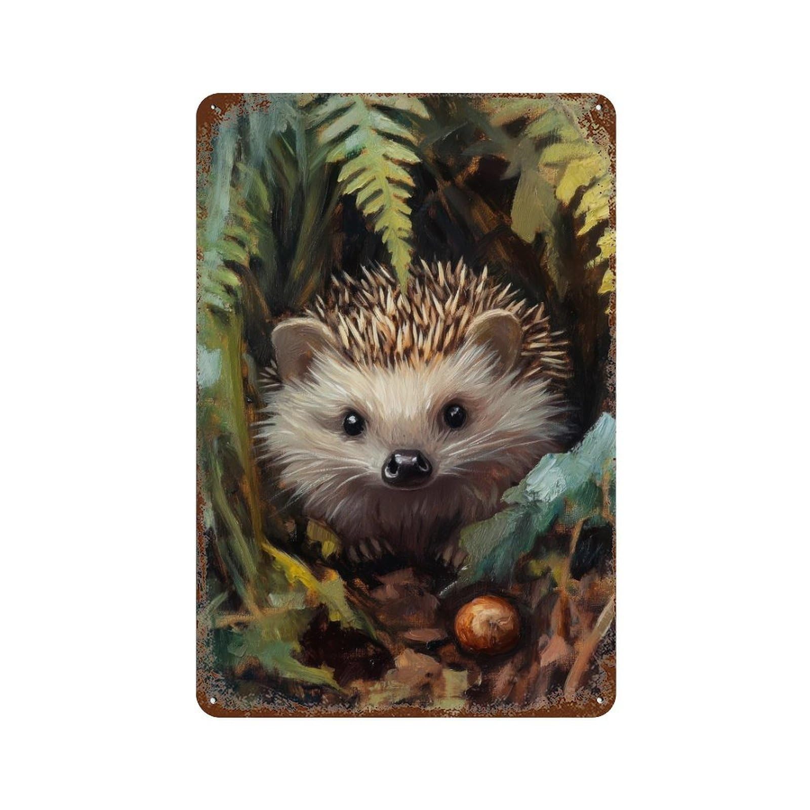 Hedgehog Beneath Fern Fronds Cottagecore Decor Dark Academia Enchanted Wildlife Illustration Vintage Nature Wall Decor Art Metal Tin Poster Modern Home Decor Art Home Bar Shop Decorations Vintage Sig