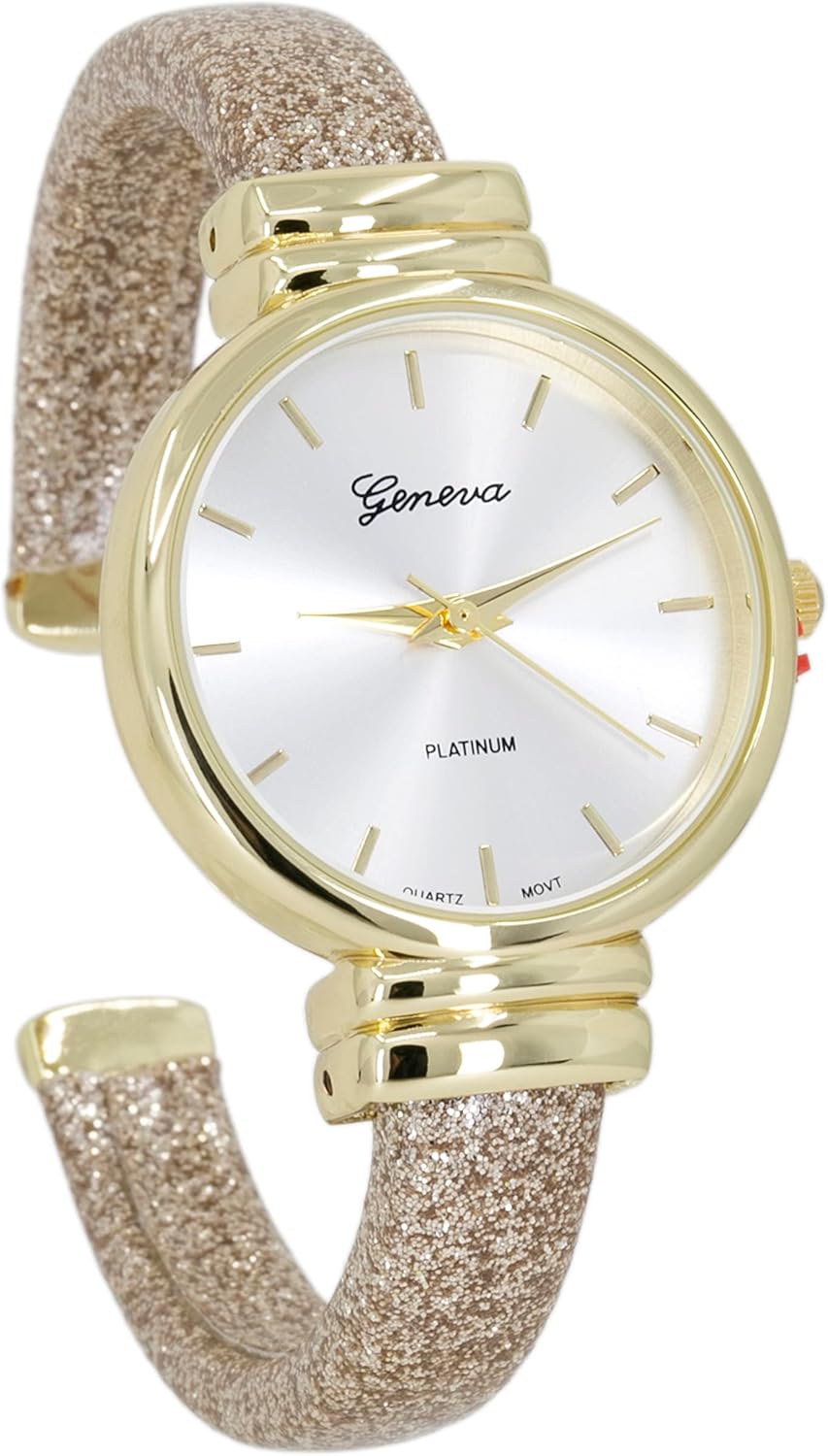 Blekon Collections Women's Analog Quartz 31mm Case Sparkling Glitter Designed Leather Cuff Bangle Ladies Wrist Watch