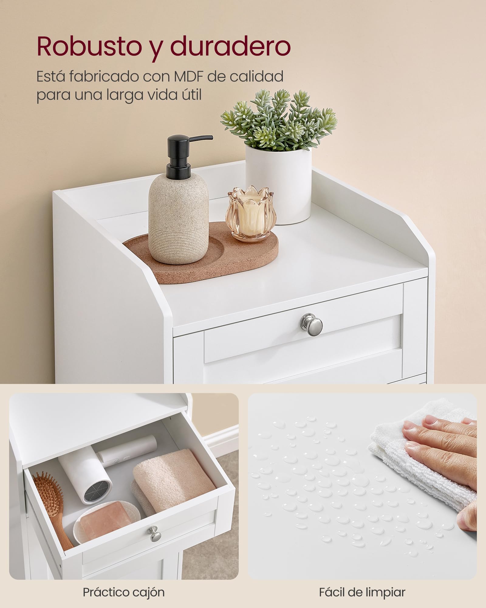 VASAGLE Armario de Baño con Cesto Ropa Sucia, Mueble de Baño con 1 Cajón y 1 Cesta de Ropa Sucia, Bolsa Interior Extraíble con Asas, 40 x 40 x 80,2 cm, Blanco Nube BBC741W01