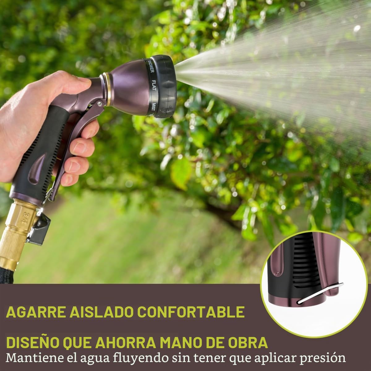 FANHAO Pistola Manguera Jardin 100% Metálica con 8 Patrones de Rociado Ajustables,Rociador de alta Presión con Agarre Antideslizante para Regar Plantas y el césped y Lavar Coches y Mascotas -Bronce