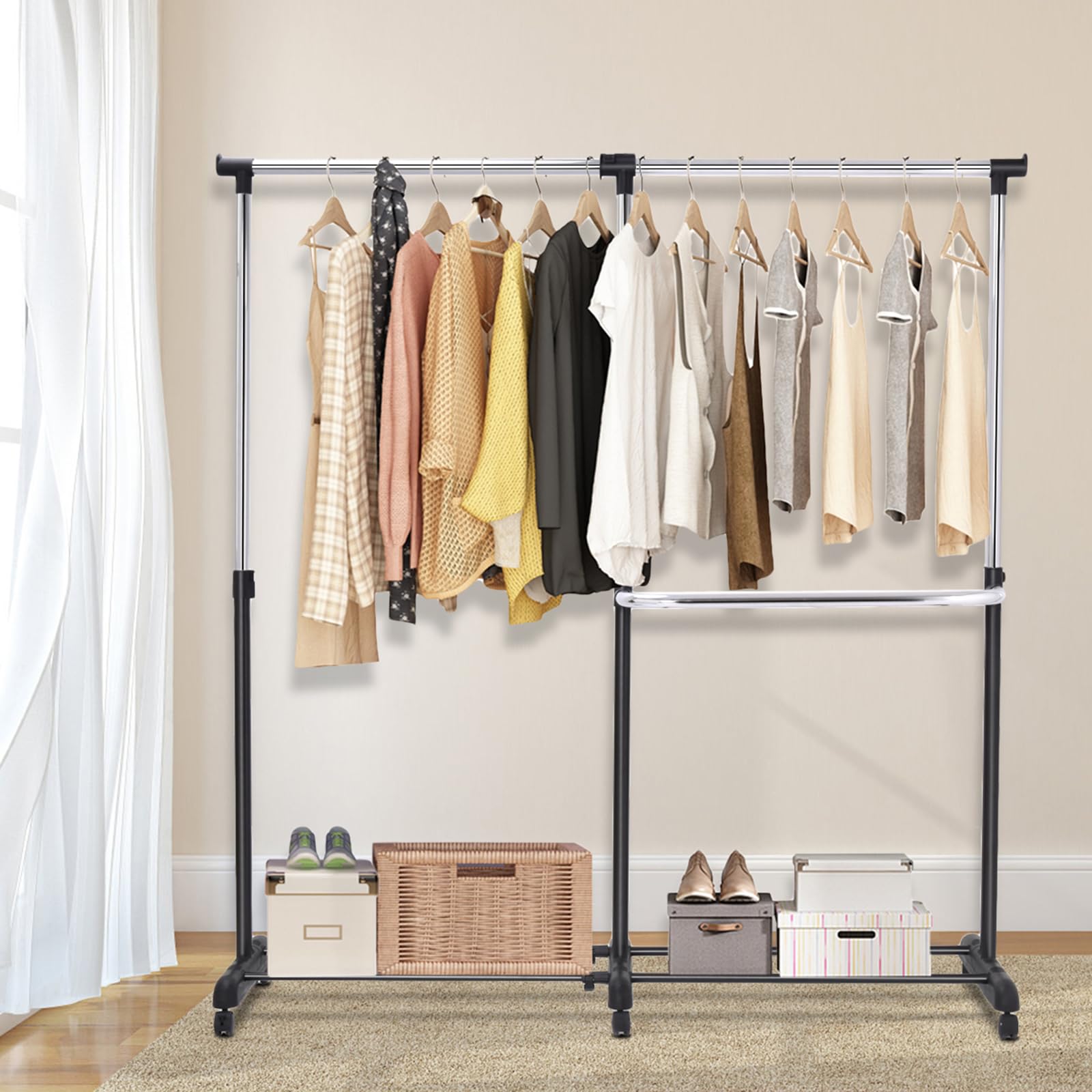 COSTWAY Stand Appendiabiti Attaccapanni da Terra, Porta Abiti con Ruote, in Acciaio, Design Regolabile e Salvaspazio, (91-160) x 43 x (93-168) cm, Nero