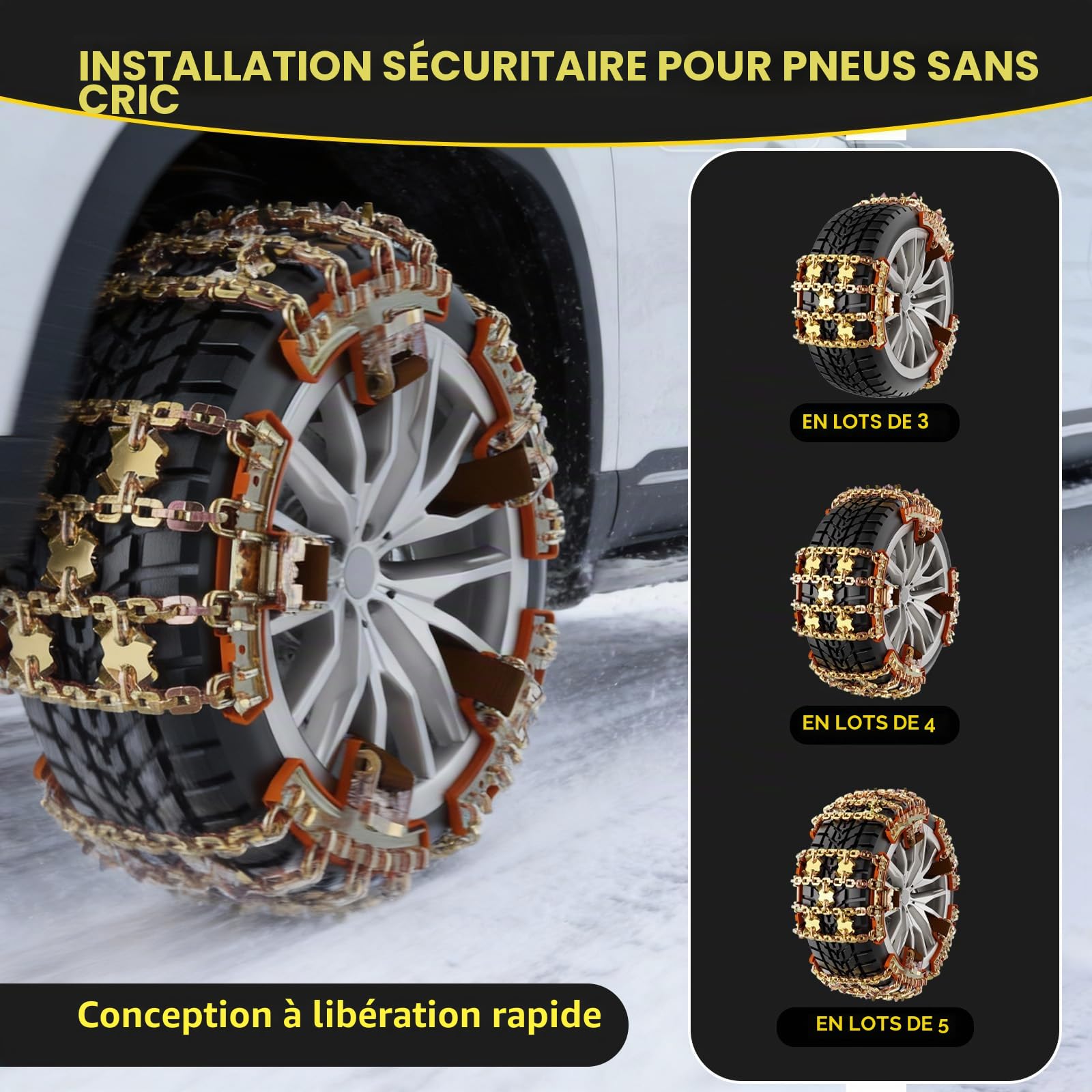 Lot de 6 chaînes à neige en fer avec gants pour tous les types de véhicules - Traction améliorée avec boucles en métal - Boucle à engrenage automatique - 185 mm - 245 mm