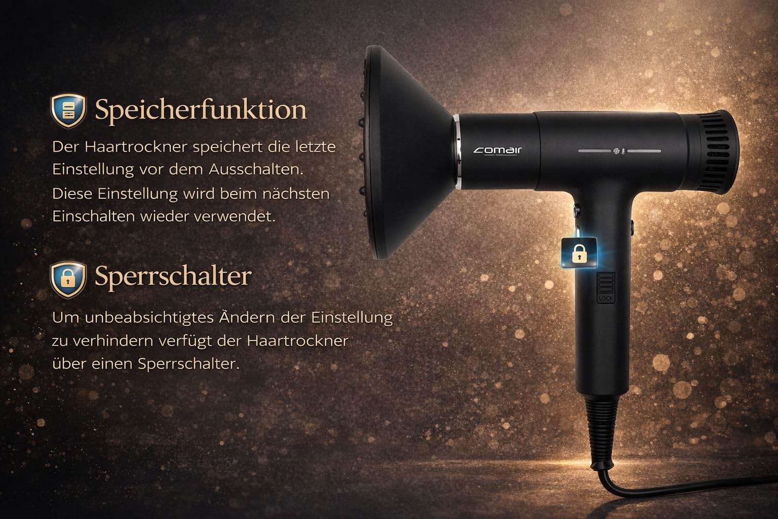 Comair T Power Haartrockner Profi Föhn, Diffusor + 2 Stylingdüsen + Tasche | 2200 W Föhn, Brushless-Motor 70.000 U/min, 3 Temperatur- und 3 Gebläsestufen, Kaltlufttaste, Ionen-Technologie. Sperrschalter