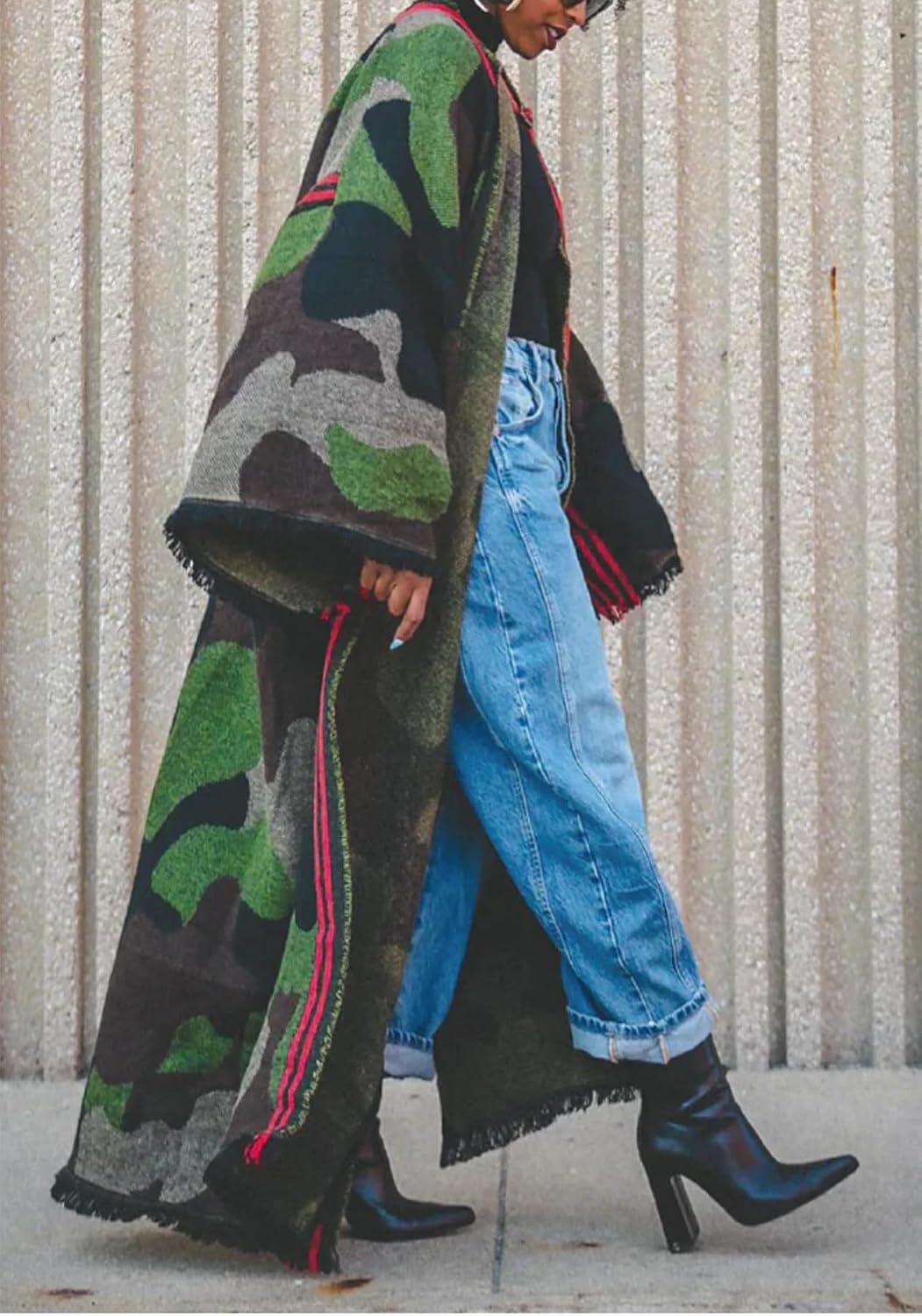 NRTHYE Women Camo Long Cardigan Camouflage Open Front Shawl Sweater Oversized Fringed Hem Maxi Knit Cardigans Outwear