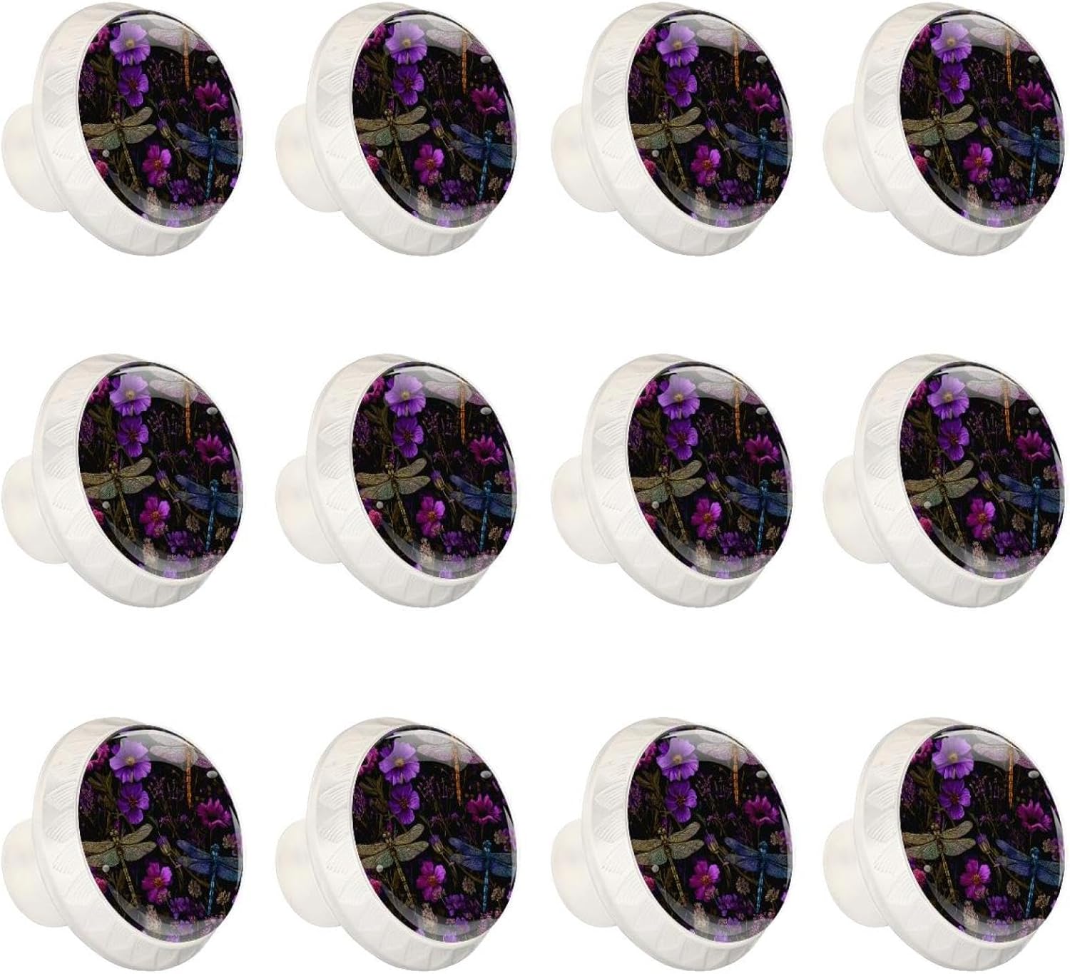 Black Round Purple Dragonfly Wildflowers Floral Herb (2) Cabinet Knobs, Decorative Printed Drawer Knobs with Long & Short Screws for Home Improvement