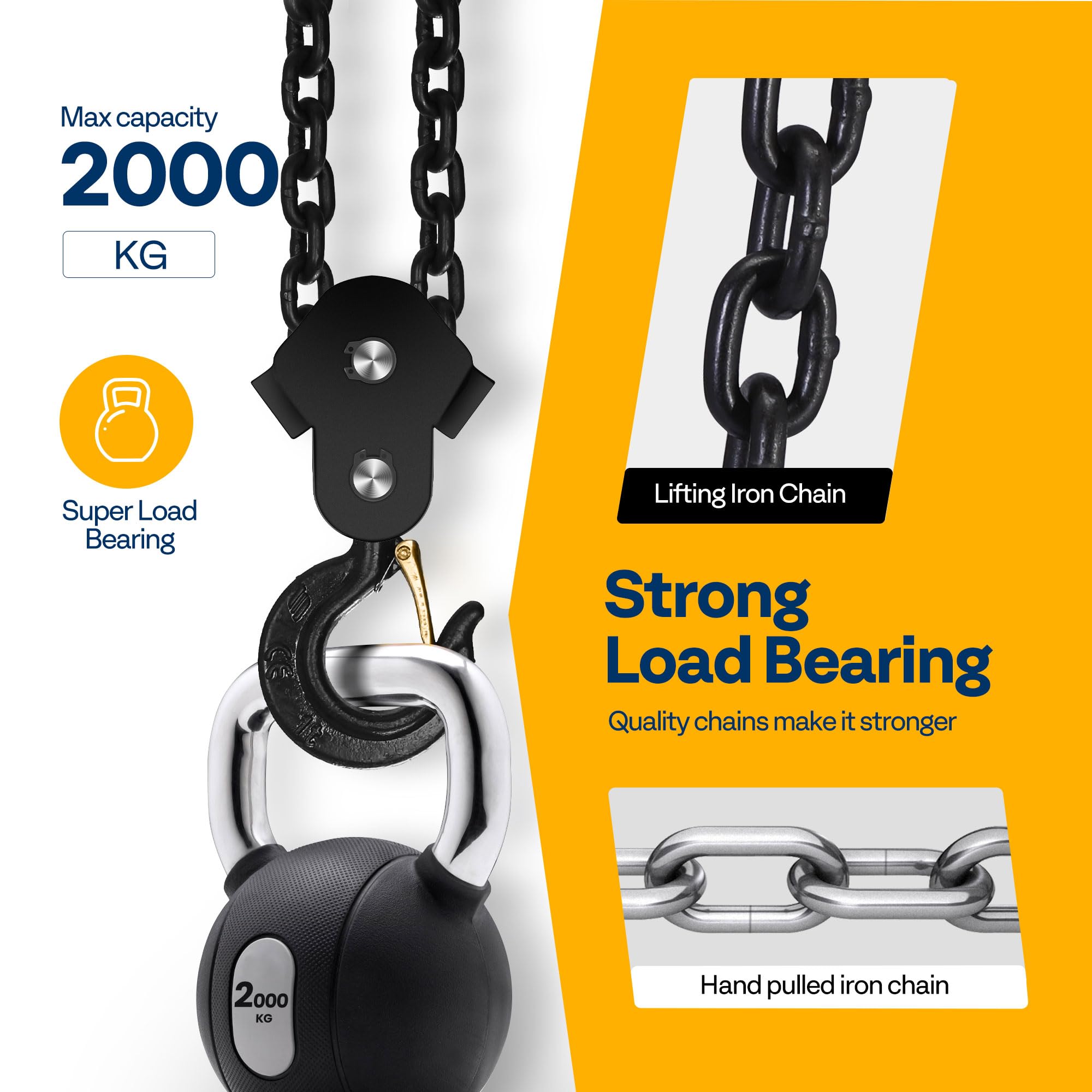 SPECSTAR Hand Chain Hoist with 2 Heavy Duty Hooks Ręczny Wciągnik łańcuchowy Udźwig 2000 kg Wciągarka o Wysokości Podnoszenia 3 m, Wciągarka Ręczna z Hakiem Obrotowym o 360°