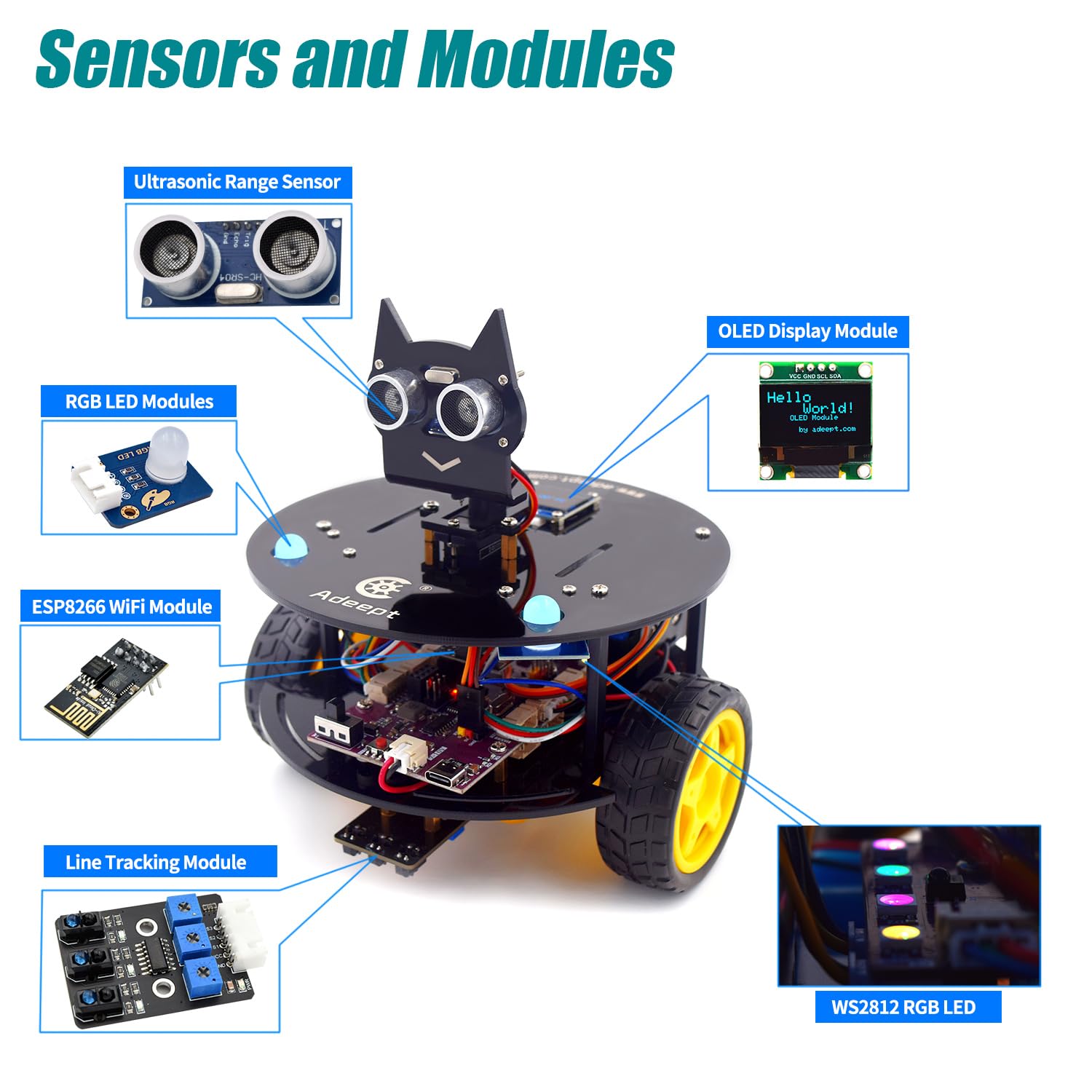 Adeept Smart Car Kit(Compatible with Arduino IDE), Line Tracking, Obstacle Avoidance, OLED Display, Ultrasonic Sensor, Wireless Remote Control, DIY Stem Educational Robot Car Kit (Blue)