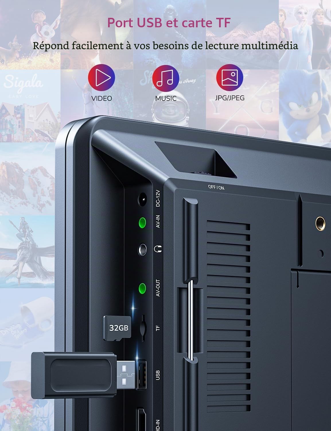 Lecteur DVD portable pour voiture 10,5" GOnavidio avec entrée HDMI, batterie rechargeable intégrée, lecteur DVD de voiture compatible avec carte USB/TF
