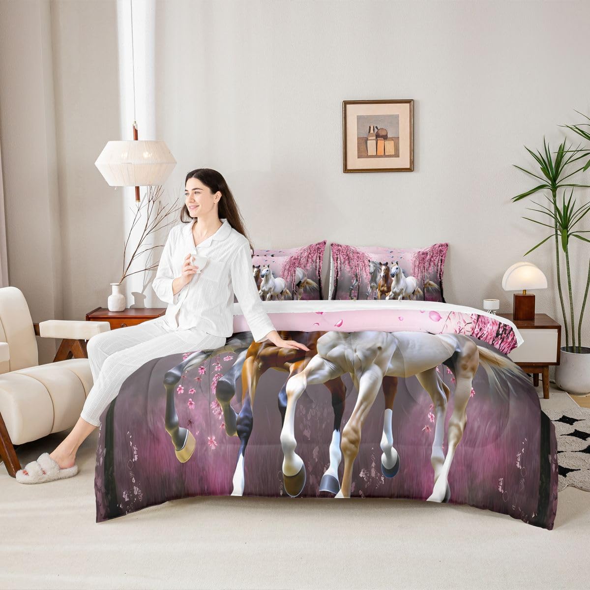 Kids Horse Twin Size Comforter Set with Sheets Cherry Blossom Branches Steed Boys Bed in a Bag for Girls Teens Galloping Horse 7 Piece Bedding Set 3D Wild Animal Decor Bed Set Bedroom Collection - Image 6