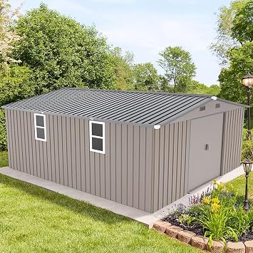 10x12 FT Outdoor Storage Shed, Extra Large Metal Garden Shed with Lockable Doors, Windows & Air Vents, Heavy-Duty Steel Backyard Utility Shed for Tools, Lawn Equipment, Motorcycles, Bikes, Patio,Brown
