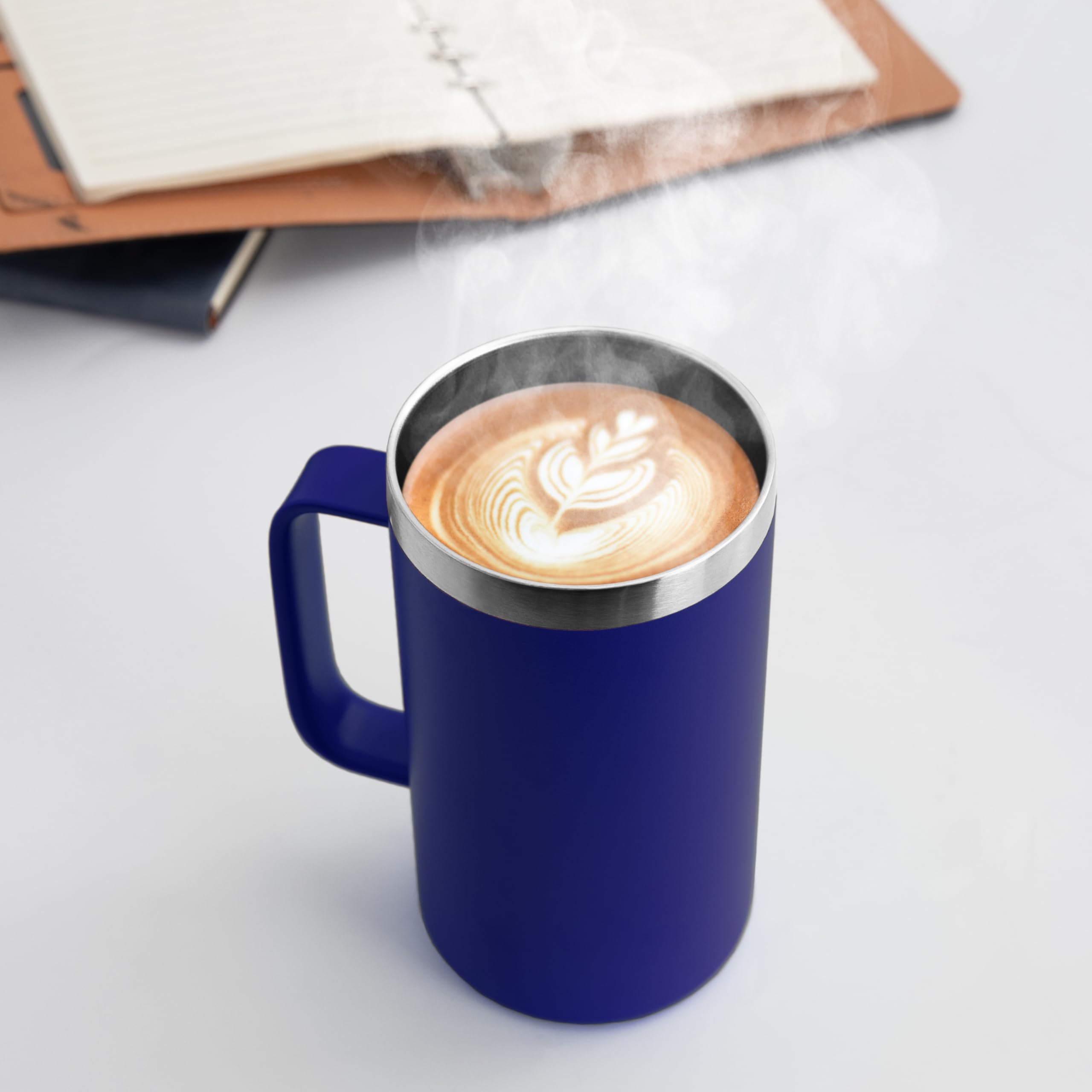 DOMICARE Taza de café de acero inoxidable de 24 onzas con asa y tapa, taza de viaje con asa, vaso de café al vacío de doble pared, taza aislada reutilizable, azul oscuro, paquete de 8