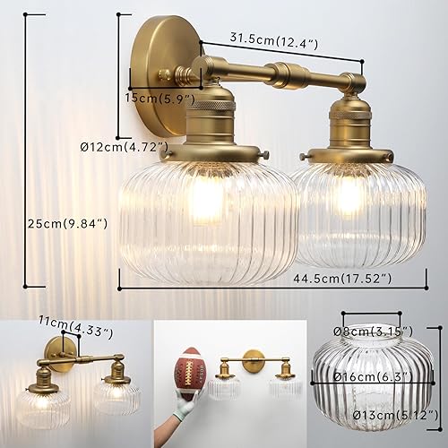 Miniatura 2 de Apliques industriales de pared de vidrio de 2 luces, latón antiguo a rayas transparentes, lámpara de pared para baño, tocador, dormitorio, comedor,