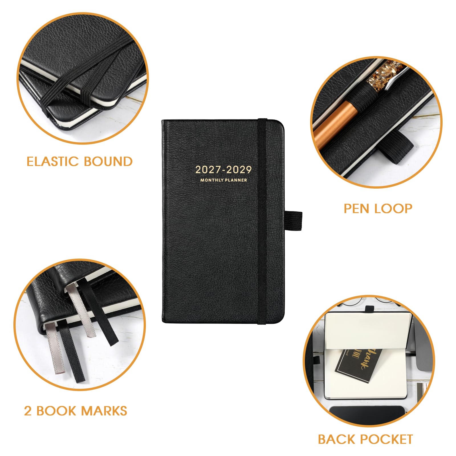Taschenplaner 2023-2025,Monatsplaner (36 Monate) mit 60 Notizseiten, Jan. 2023,Dez. 2025, 15.7x10.2 cm, 3-Jahre-Monatsplaner mit Kontakten, Gesäßtasche mit dickem Papier,Schwarz