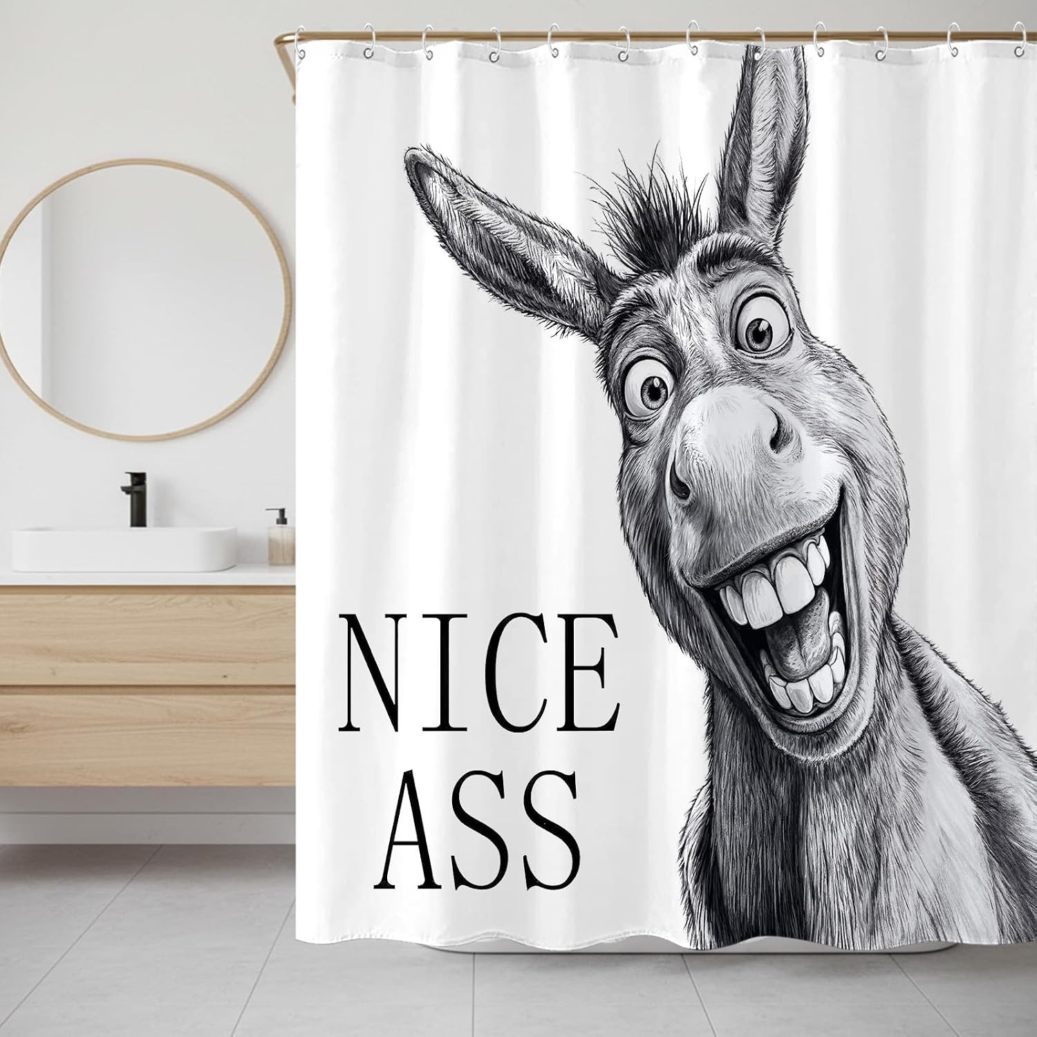 Funny Donkey Shower Curtain, Nice Ass Hilarious Farmhouse Animal Bathroom Decor, Rustic Black and White Sketch Style, Waterproof Fabric, 72x72 Inch.
