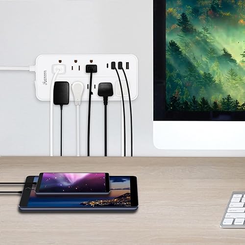 Miniatura 4 de Regleta de alimentación con protector de sobretensiones de 15 pies con USB C, regleta de alimentación de enchufe plano con cable largo, 8 tomas y 4