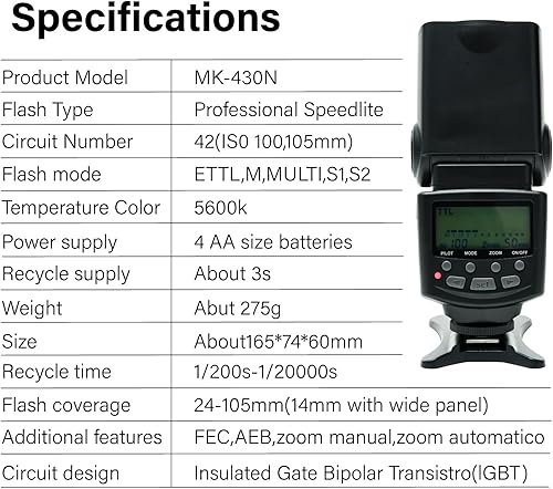 Miniatura 8 de Meike MK430 TTL Flash LCD Speedlite compatible con cámara DSLR Canon EOS 70D 77D 80D Rebel T7i T6i T6s T6 T5i T5 T4i T3i SL2 y con soporte estándar