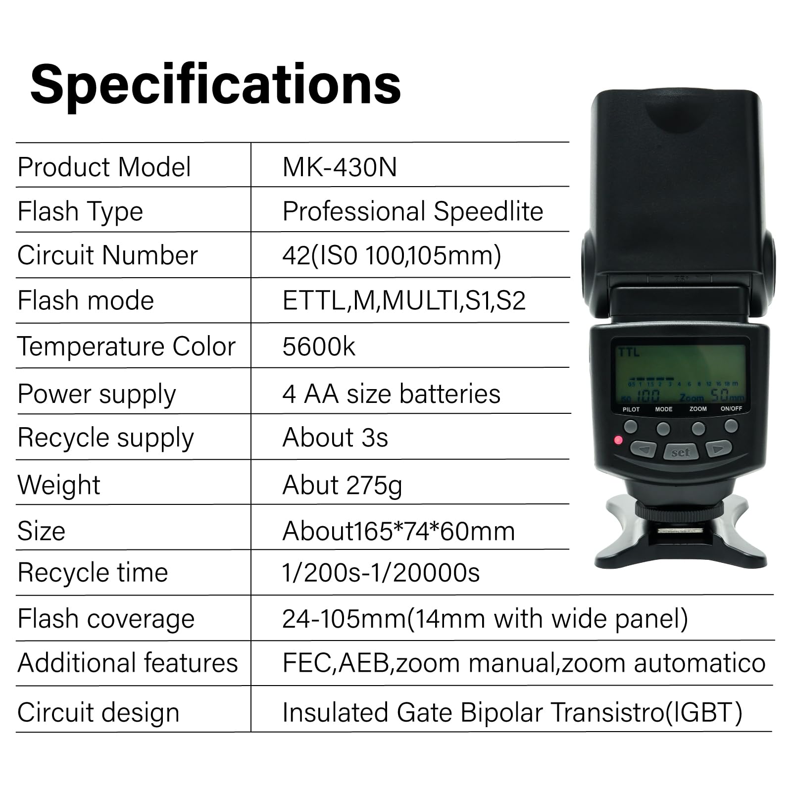 Meike 430N TTL Speedlite LCD Display Shoe Mount Flash compatibile con Nikon D3400 D3300 D3200 D5600 D850 D750 D7200 D5300 D5500 D500 D7100 D3100 ecc