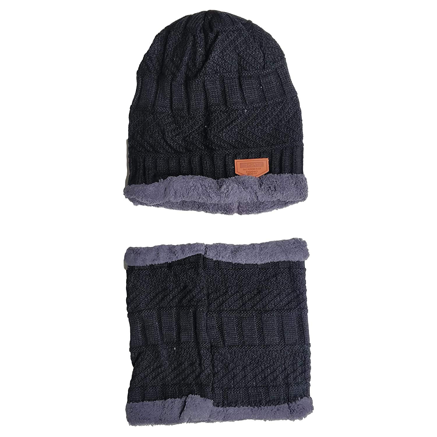 2 Pieces Neck Scarf Set Warm Knitted Fur Lined Winter Beanie Cap for Men and Women (Black)-image-12