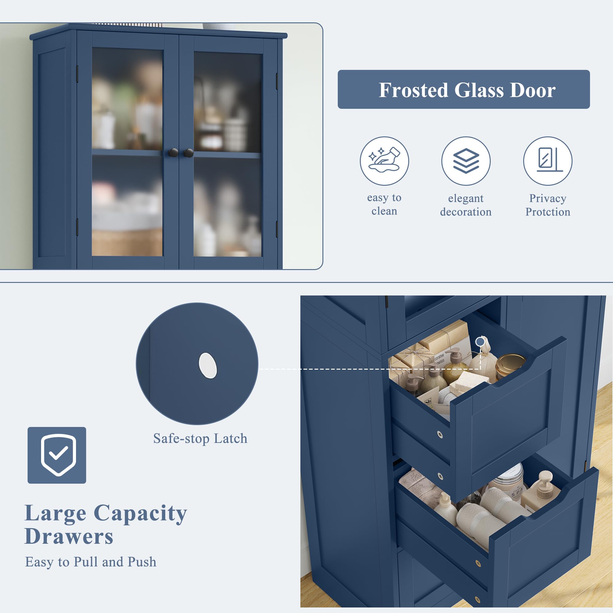 HOCSOK Badezimmerschrank, Badschrank Hochschrank mit 3 Schubladen, Dunkelblau