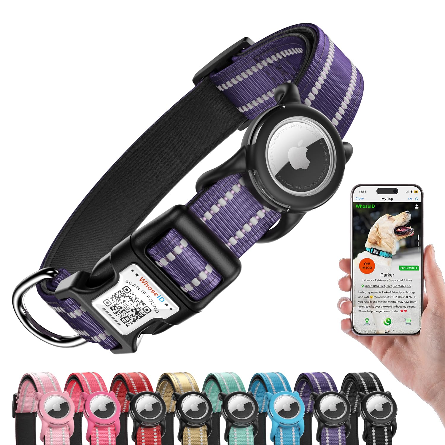 Dog Collar with AirTag Holder, Reflective Dog Collar for Small Dogs, Purple