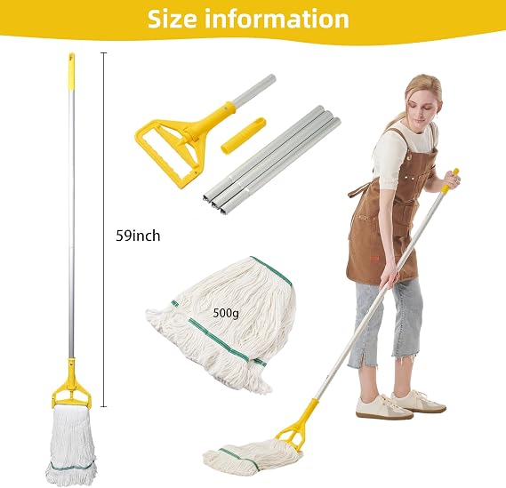 Midoneat Commercial Heavy Duty Industrial Mop with Long Handle,59 Looped-End String Wet Cotton Mops for Floor Cleaning, Including Three mop Head Replacement