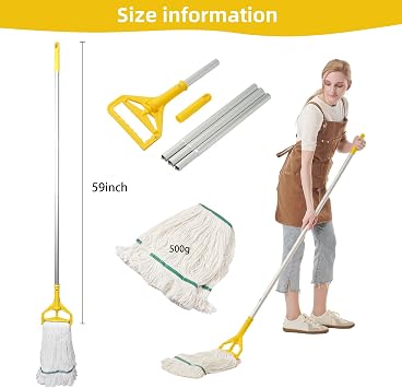 Midoneat Commercial Heavy Duty Industrial Mop with Long Handle,59 Looped-End String Wet Cotton Mops for Floor Cleaning, Including Three mop Head Replacement