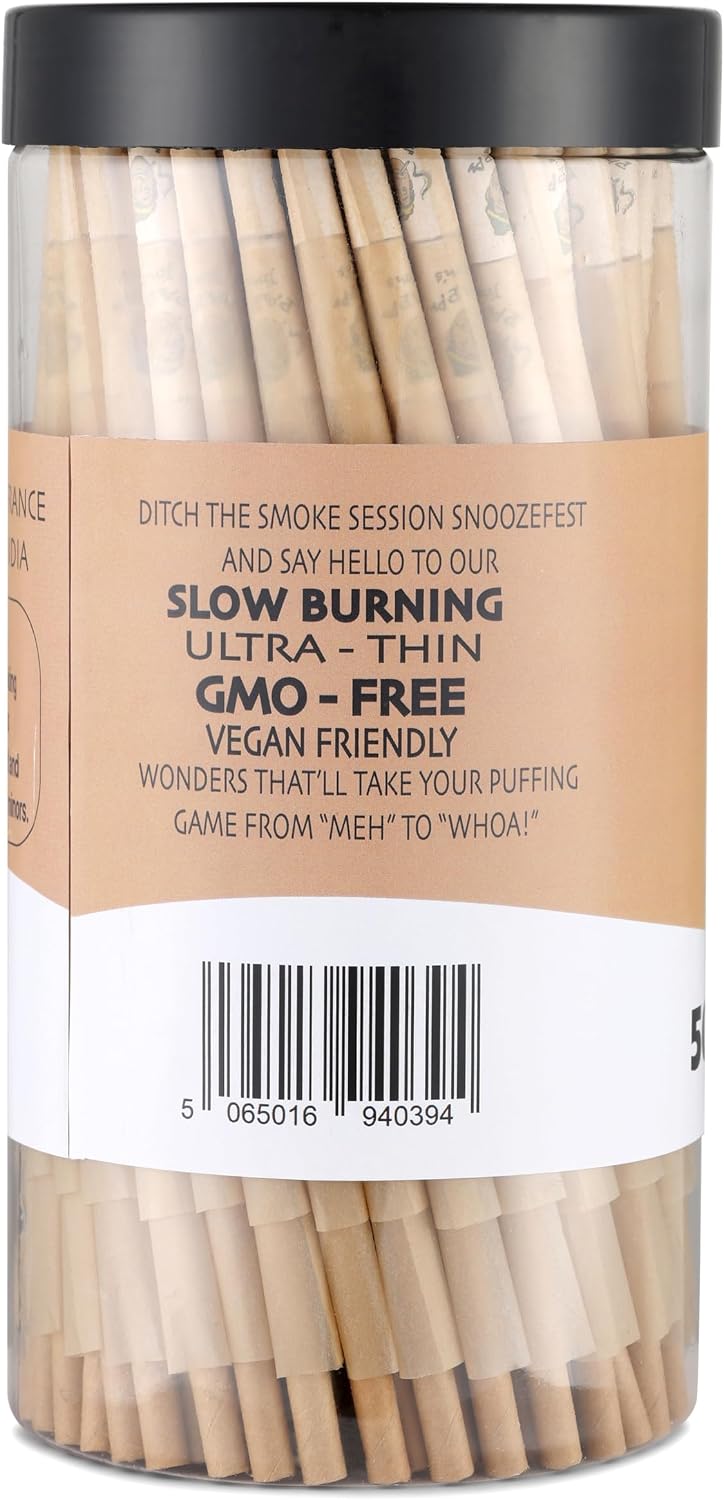 Papa Jim's Pre-Rolled Cones | 500 Cones Jar | 70mm DogWalker Size | Unbleached Classic | Finest paper from France | Includes Packing sticks and filters
