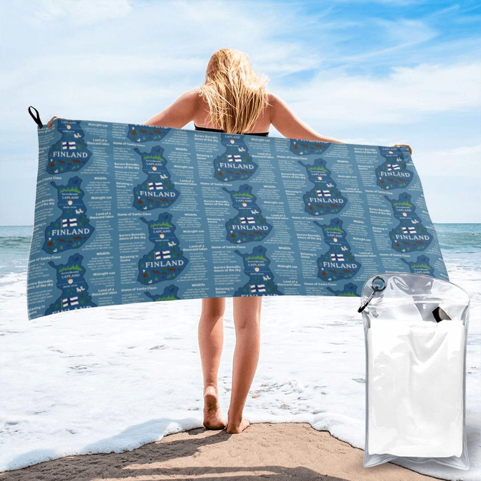 FHIZOAL Finland Map With Various Feat Quick Dry Towel Microfibre Towel Super Absorbent Ultra Compact Gym Sports Beach Camping Travel