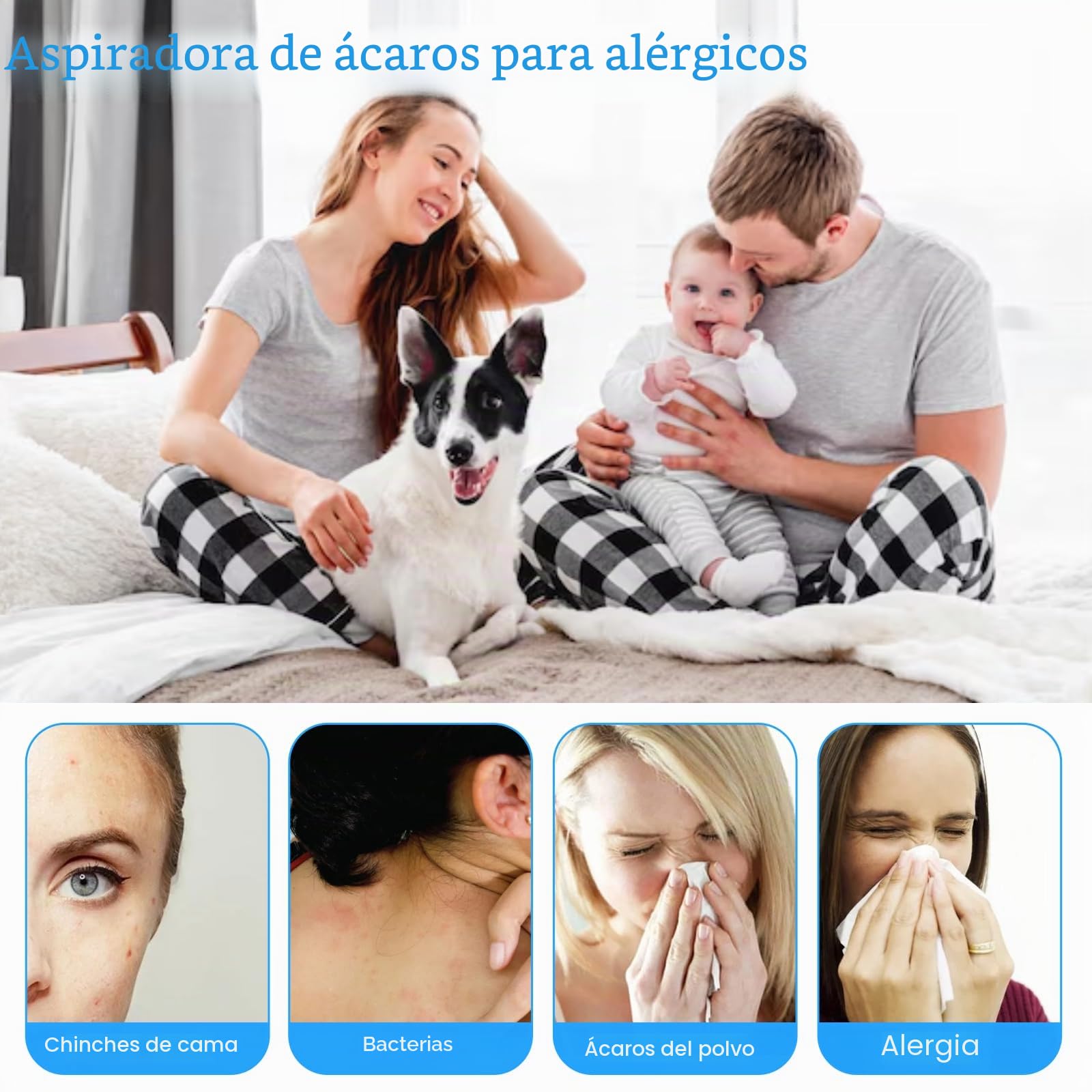 13KPa Aspirador de Mano sin Cables con luz UV-C y Ultrasonidos | 2 modos de succión, antiácaros, depósito 520ml, filtro HEPA para colchones, sofás y pelos de mascotas