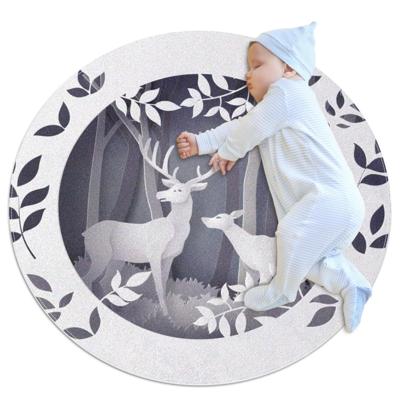 Tapis rond wapiti de Noël en forêt lavable pour chambre et buanderie