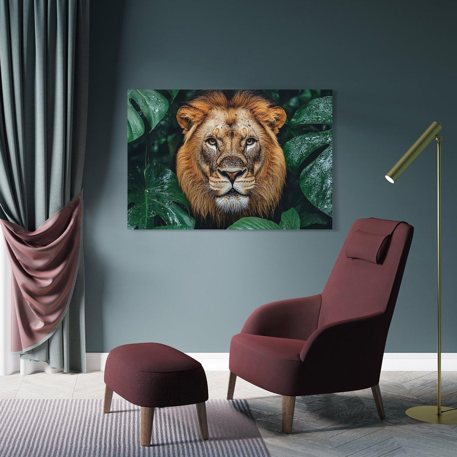 Junmoney Lion Portrait in Tropical Foliage Hanging Wall Art, 24x36inch(60x90cm), for Lounge, Bedroom Or Personal Spaces, Gift Idea for Housewarming And Birthdays