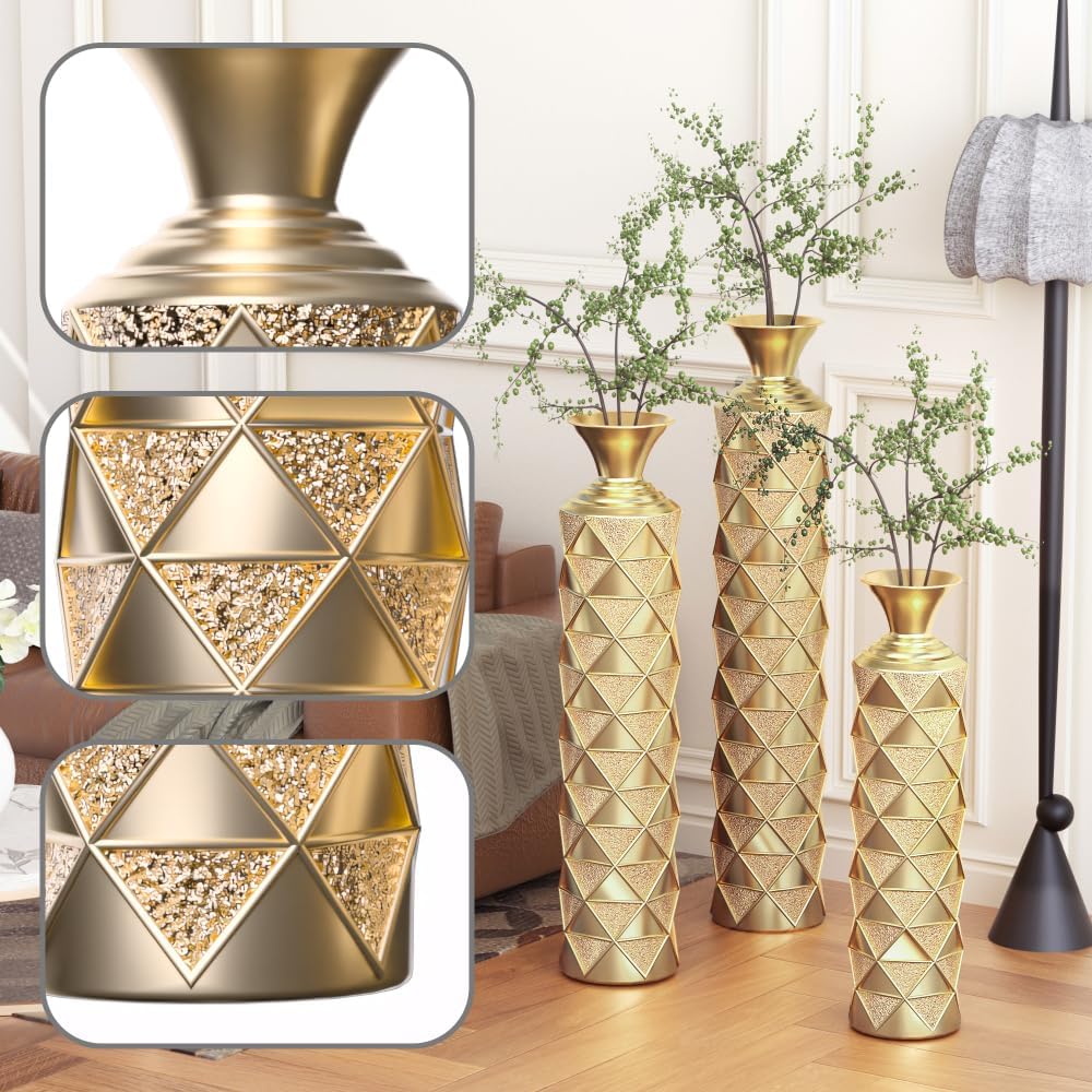 Metal Floor Vases - Large Decorative Set of 3 for Home Decor - Vintage Worn Antique Vases Representing Twigs - Dried Flowers - Gold+33.5/29.5/25.2 inch
