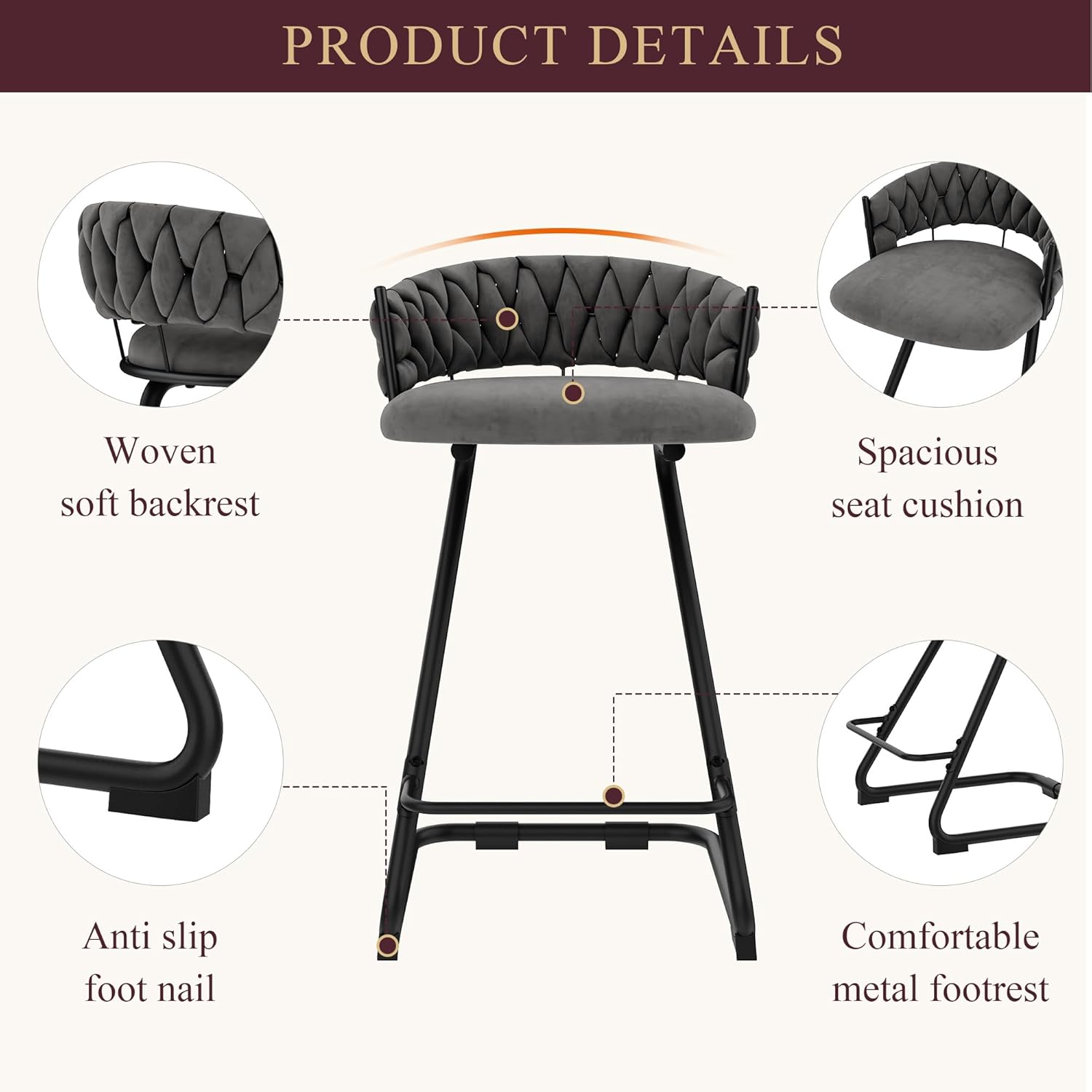 Arlunar Bar Stools 26 inch Velvet Woven Counter Height Barstools Modern Bar Chairs with Velvet Seat for Kitchen Island Dining Room Set of 4，Grey