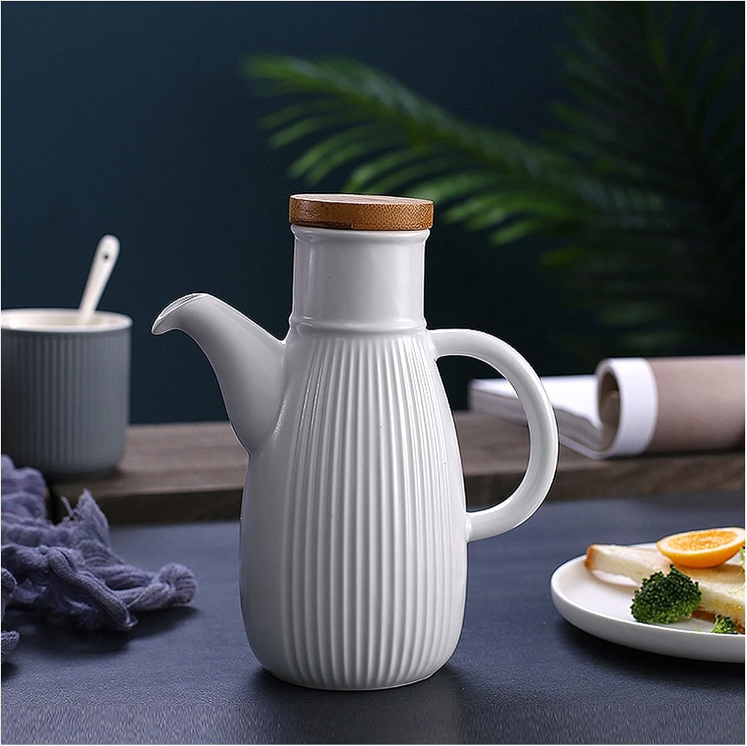 oil bottle Simple Ceramic Oil and Vinegar Dispenser with Handle and Spout Household Striped Oil Bottle Leak-proof Oiler Condiment Container oil sprayer(Color:B,Size:Large)