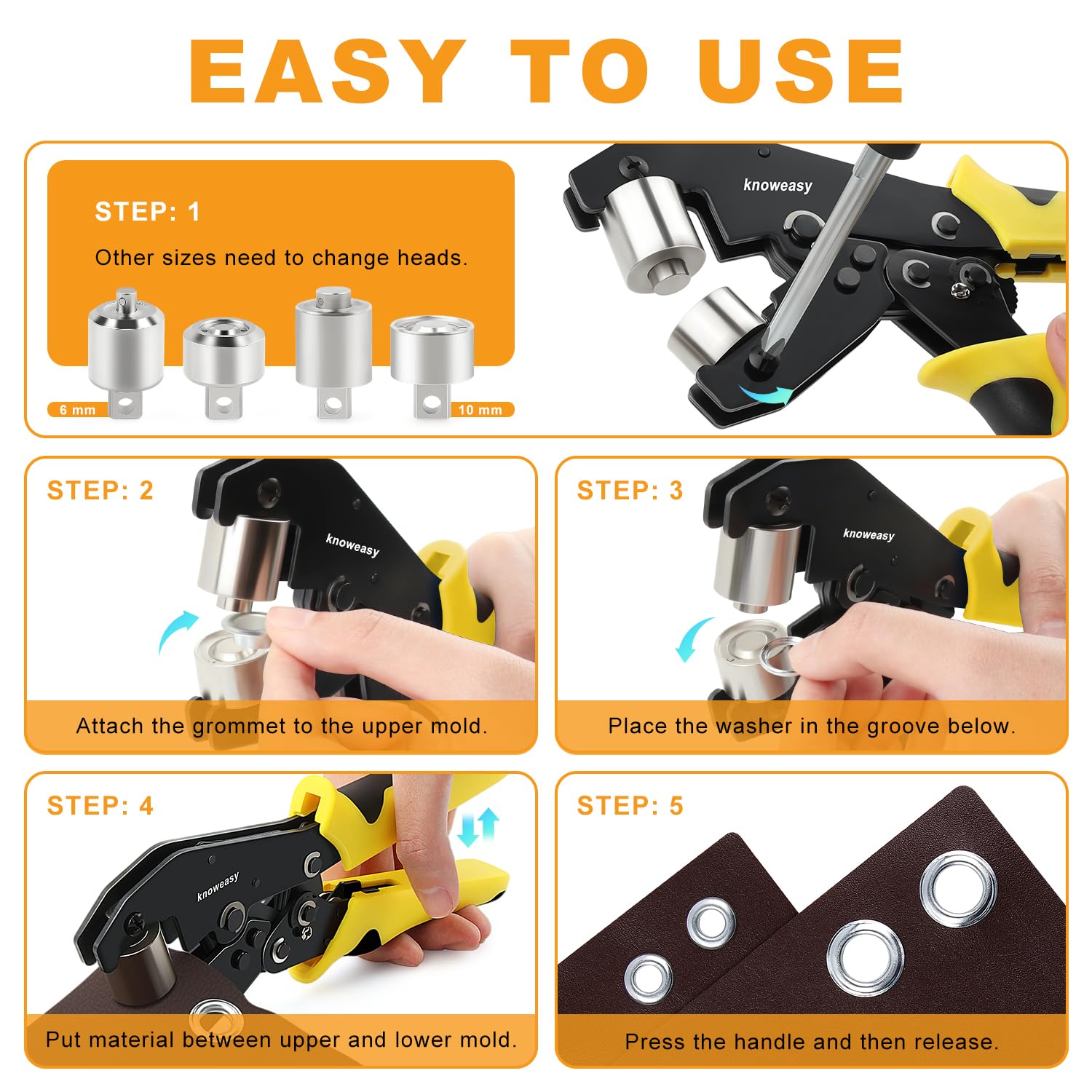 Knoweasy Grommet Tool Kit: 3/8 Inch Handheld Plier with 1/4 Inch Interchangeable Die, 500 Metal Eyelets for Fabric, Tarps, Leather, 10mm and 6mm Punch Eyelet Tool Included