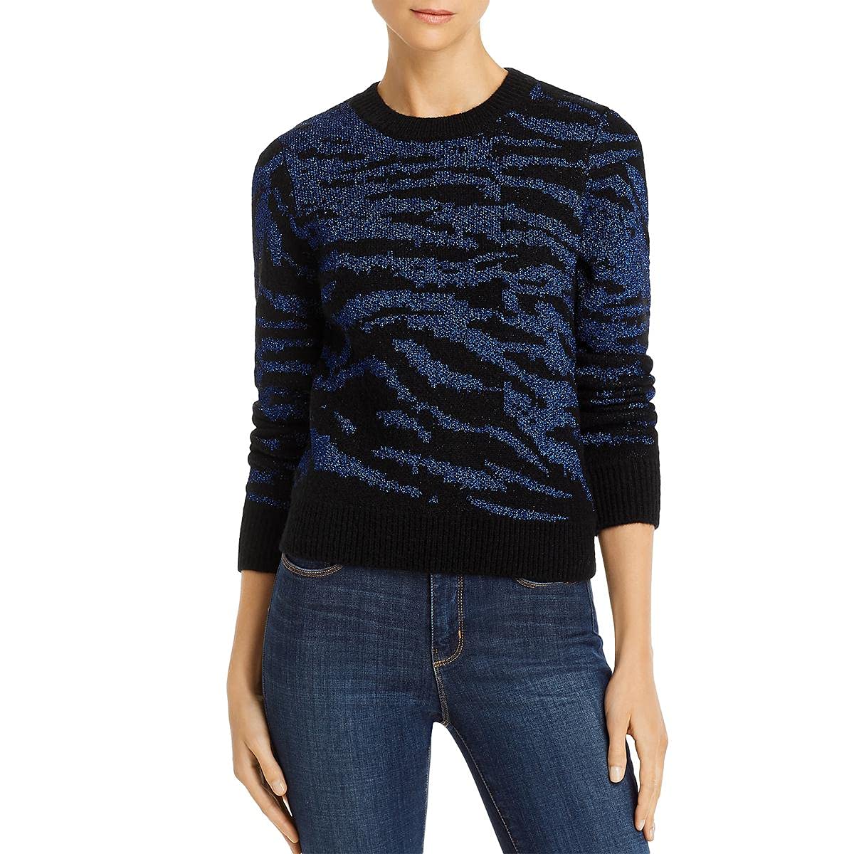 Womens Petites Metallic Tiger Print Sweater