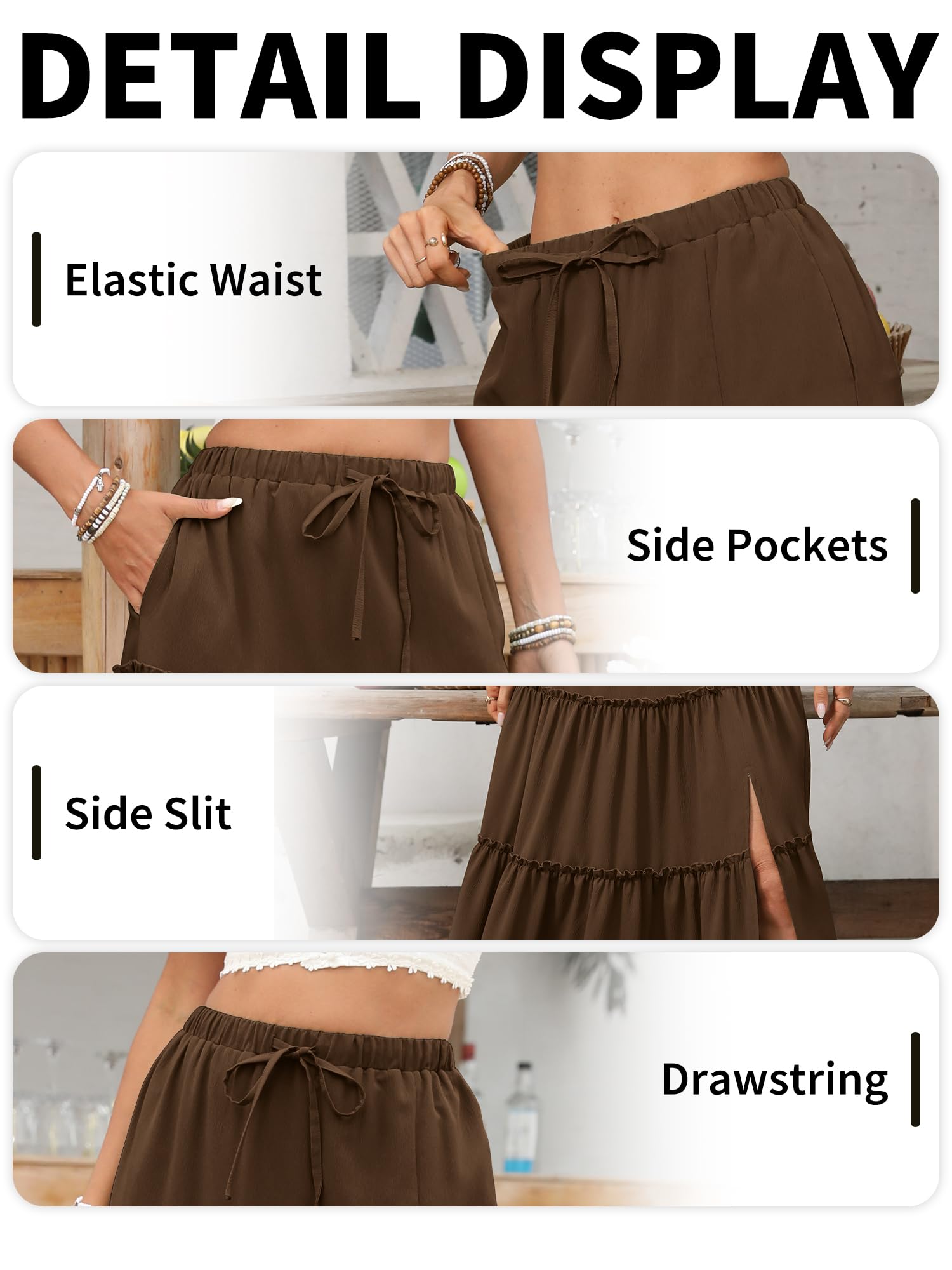 ELLEVEN Women's Summer Slit Tiered Maxi Skirt - Boho A-Line Elastic Waist Long Skirts with Pockets