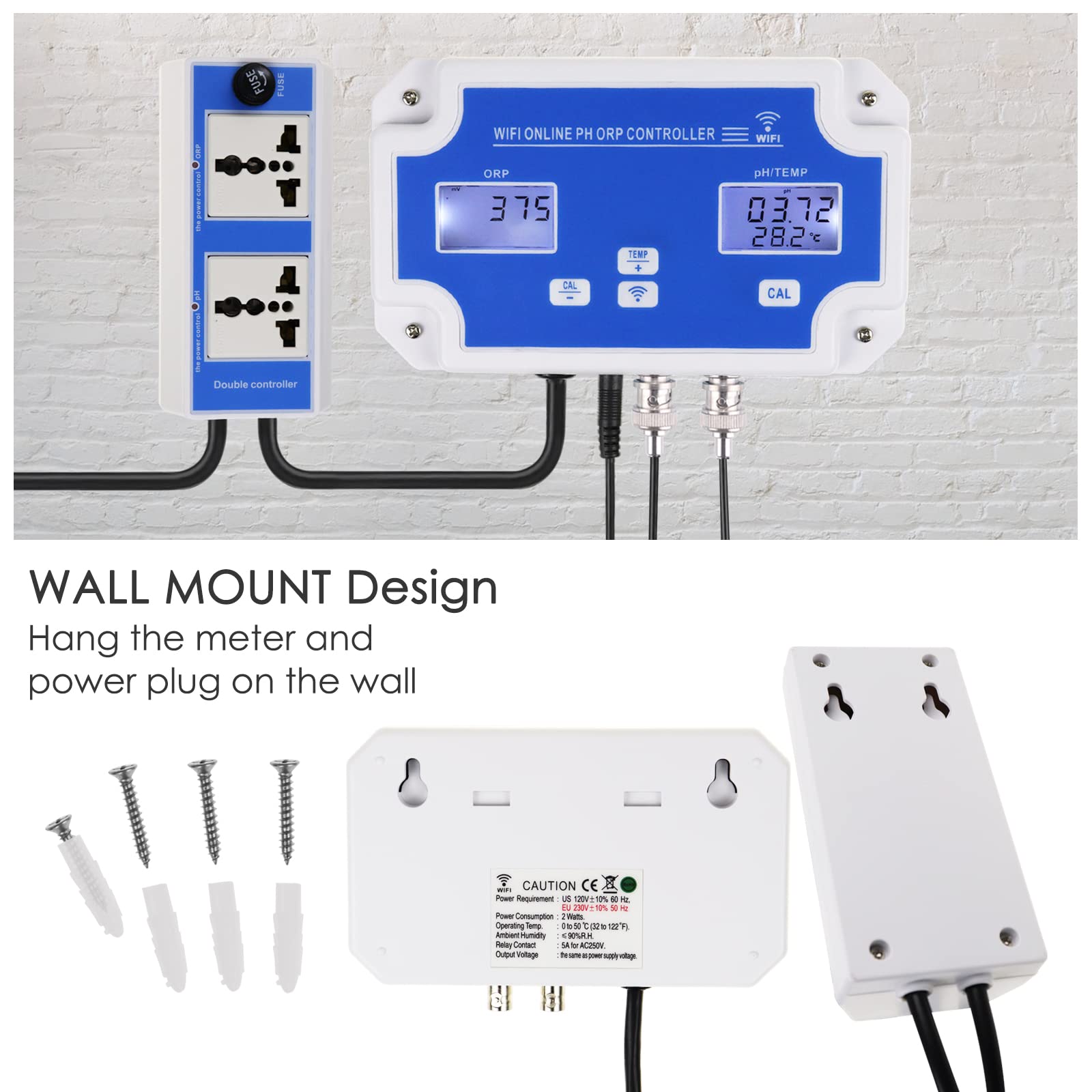 Smart pH ORP-Controller mit Fernüberwachung und Dosierung per App im Wasser, 3-in-1-pH-/ORP-/Temperaturmessgerät mit austauschbaren Sonden für Hydrokulturen, Aquarien und Pools