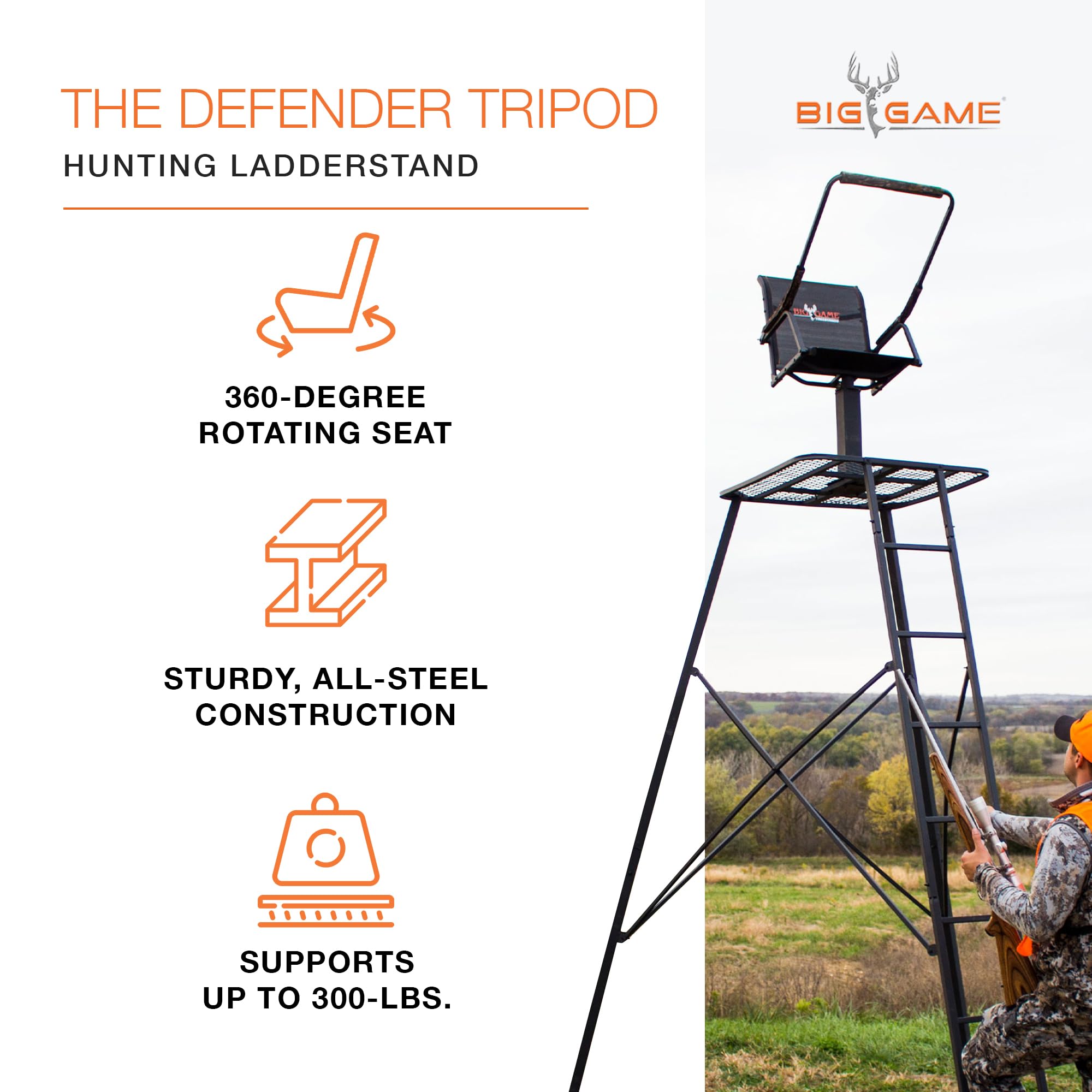 Big Game Defender Tripod Whitetail Deer Big Game Above Hunting Outdoors Padded 360 Degree Rotation 12.5' Tall Treestand