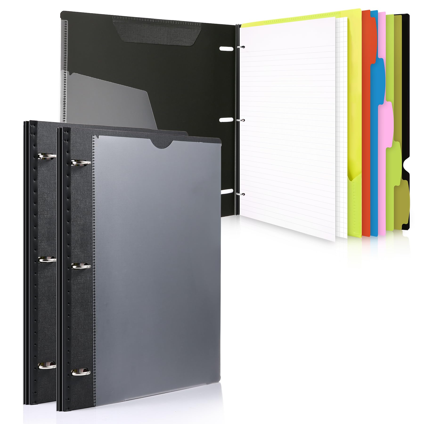 WOT I All-in-one Telescoping Binder Notebook 2PCS, Refillable 3 Ring Binder with Customized Front Cover+Catalog Back Pocket+5 Subject Dividers+Movable Pocket Folder+60 Sheets Notepaper, Black