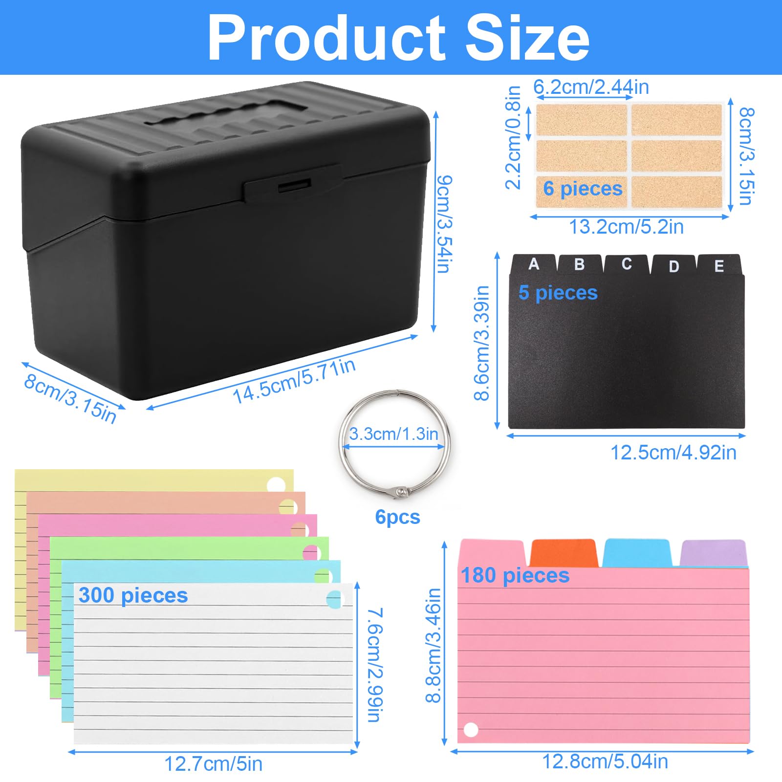 Scatola per Flashcards Nera con 400 Cartoncini Colorati A6, Schede Forate a Righe, 6 Anelli Metallici e Schede Indice A-E, Ideale per Appunti per Ufficio, Scuola, Casa Studio Appunti