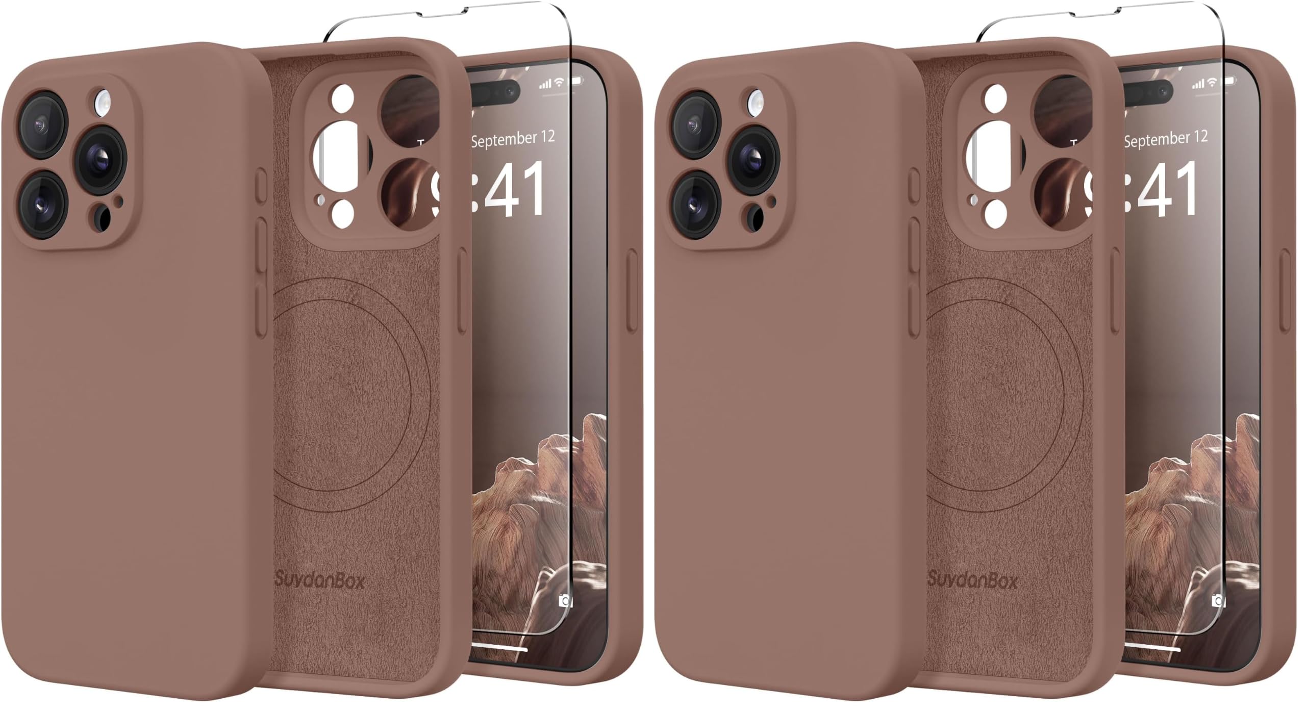Magnetic for iPhone 14 Pro Case, Compatible with MagSafe, [Full Camera Protection][Screen Protector] Silicone Shockproof Protective Phone Case for iPhone 14 Pro 6.1", Brown (Pack of 2)